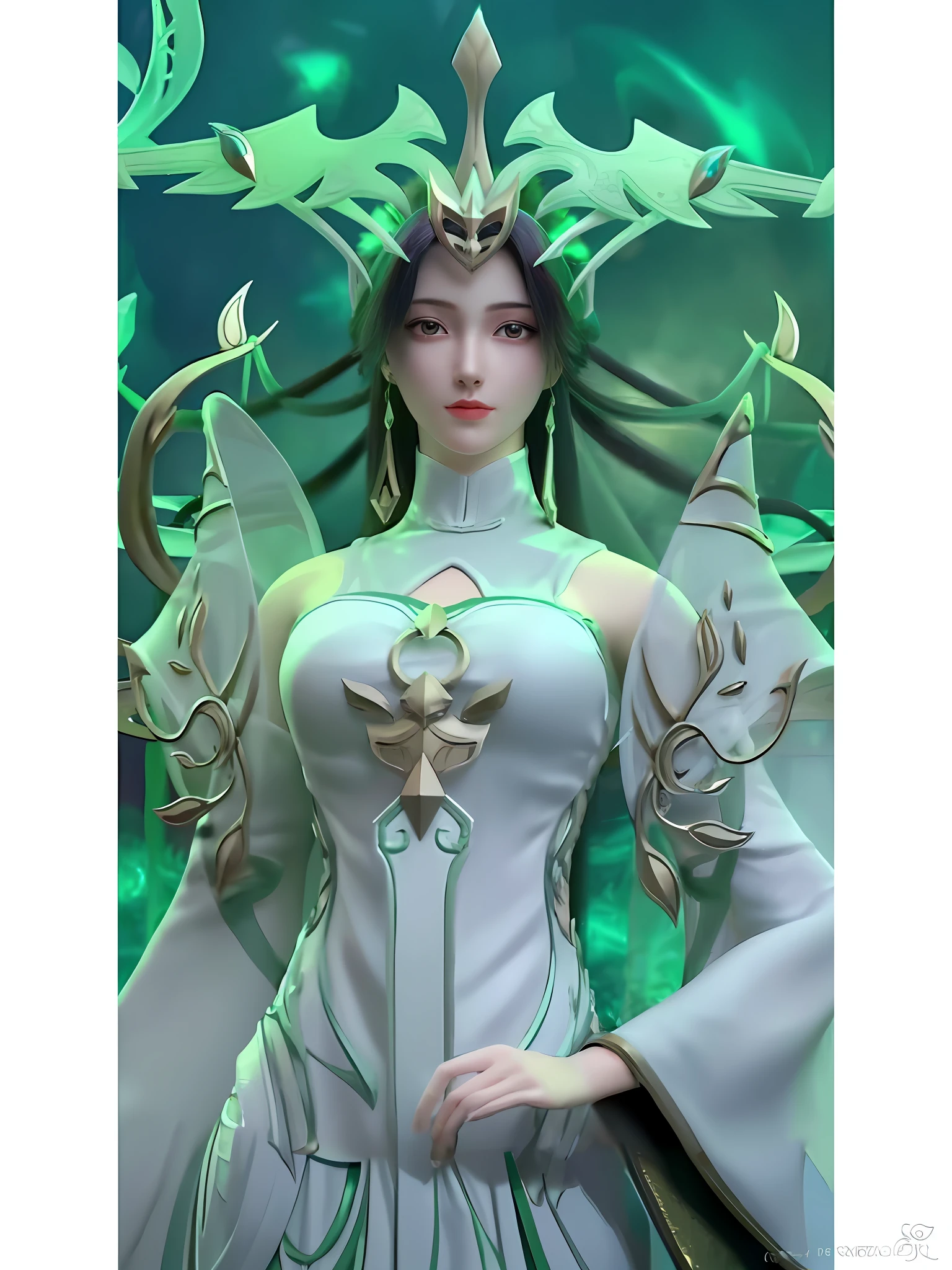a close up of a statue of a woman with a green dress, portrait knights of zodiac girl, masterpiece goddess of sorrow, fey queen of the summer forest, goddess of nature, a beautiful fantasy empress, lady palutena, goddess. extremely high detail, goddess of the forest, anime goddess, queen of the sea mu yanling, white horns queen demon
