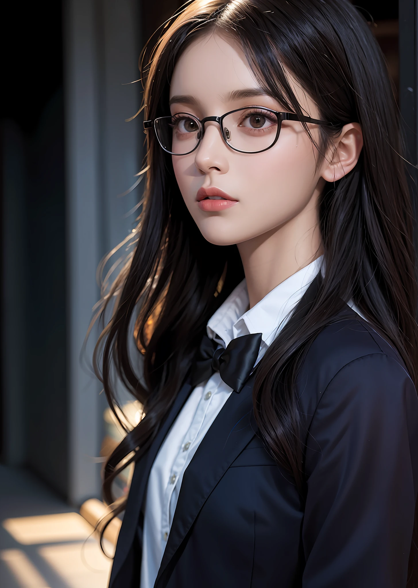 Surrealistic female portraits by David Hockney and Alphonse Mucha, fantasy art, photorealism, dynamic lighting, artstation, poster, volumetric lighting, very detailed faces, 4k, award-winning, 1girl, in the dark, deep shadows, understated, school uniform, glasses, (formal wear: 1.4), long hair,