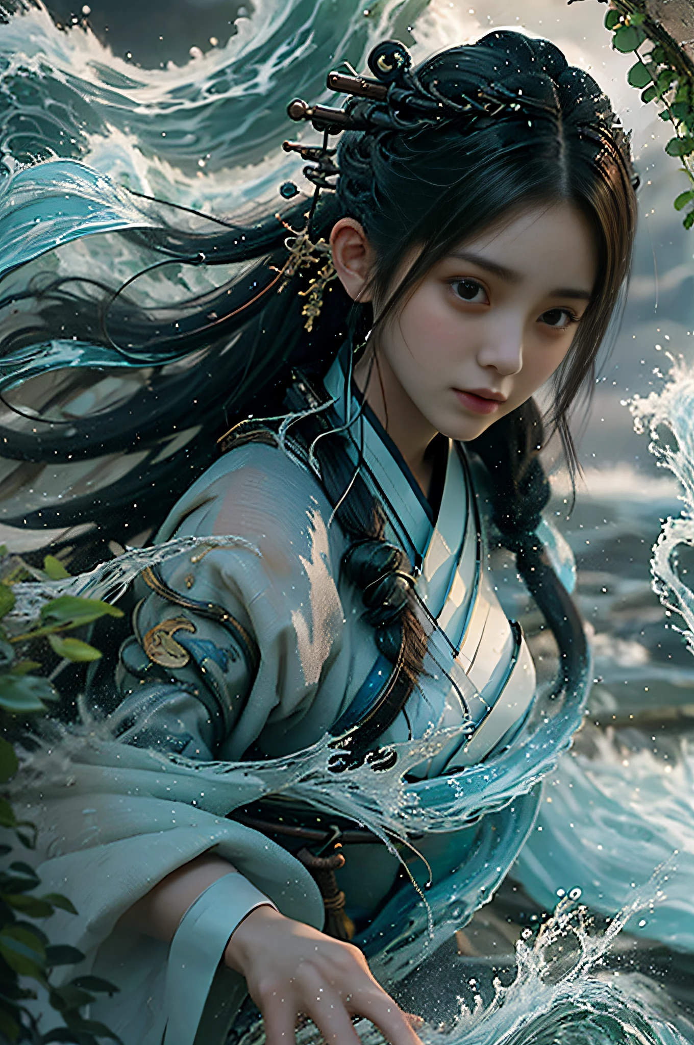 Best quality, masterpiece, super high resolution, Hanfu, Yushui Book, 1 girl, solo, brunette hair, water, waves, crashing waves, spells, fa gong