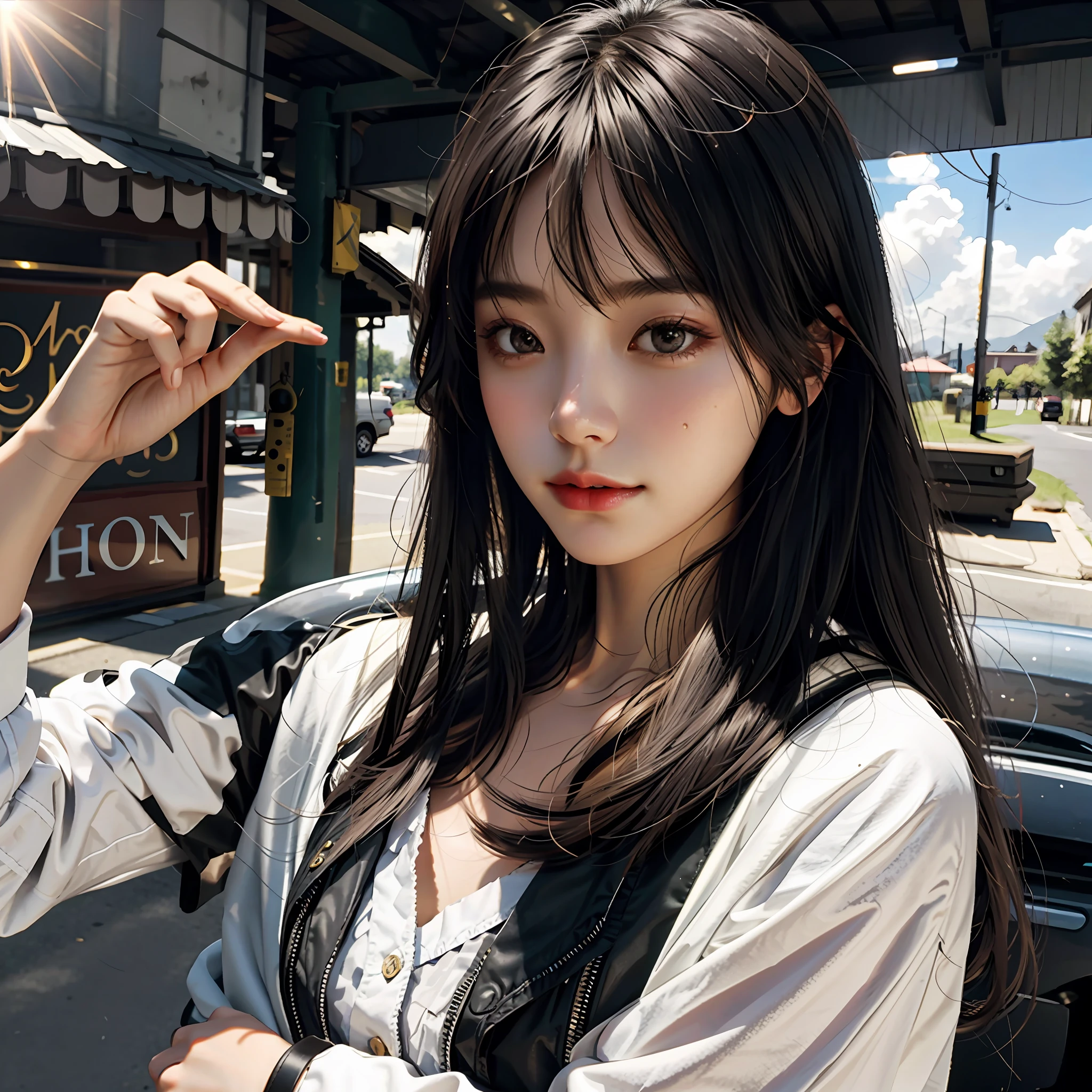 best quality, masterpiece, young girl, Dark hair, dark eyes, home, sun shining, shiny skin, sun flare