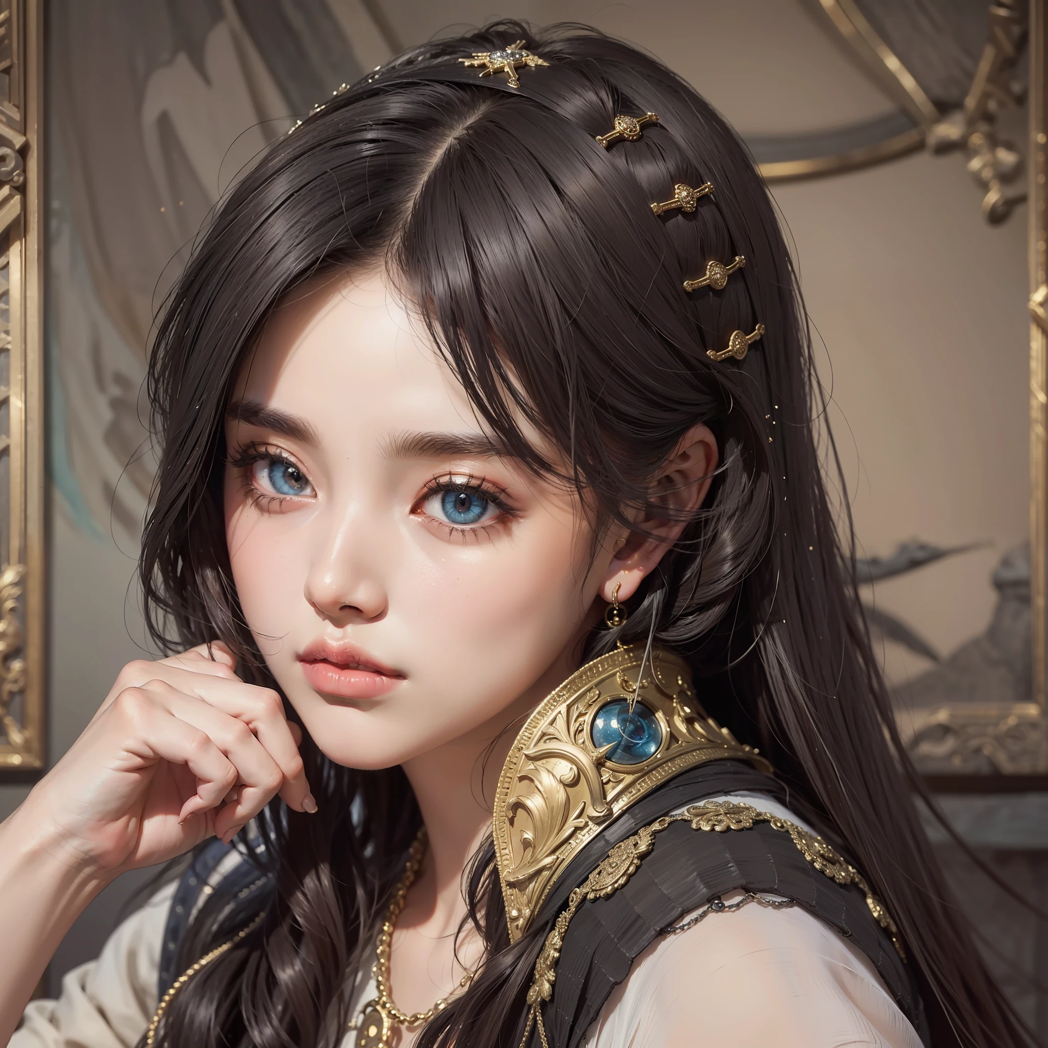 "({{1girl:1.1}} {{straight black hair:1.2}}), (artistic + masterpiece:1.4), (incredibly detailed eyes), brown skin, wearing medieval clothes)"