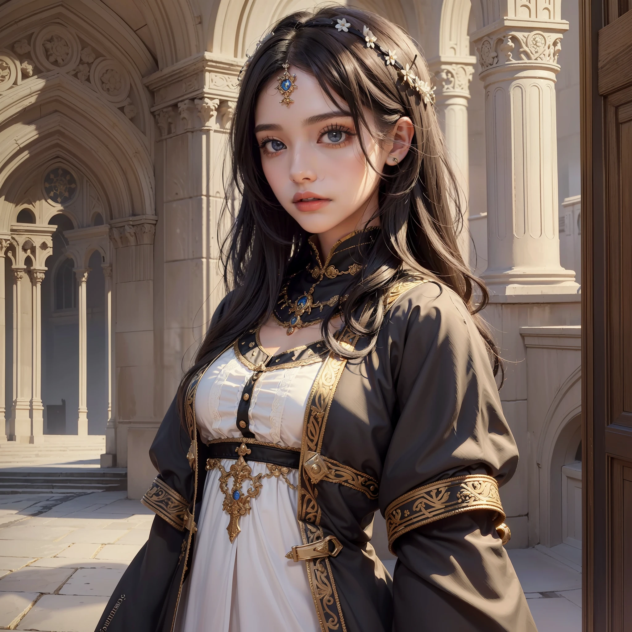"({{1girl:1.1}} {{straight black hair:1.2}}), (artistic + masterpiece:1.4), (incredibly detailed eyes), brown skin, wearing medieval clothes)"