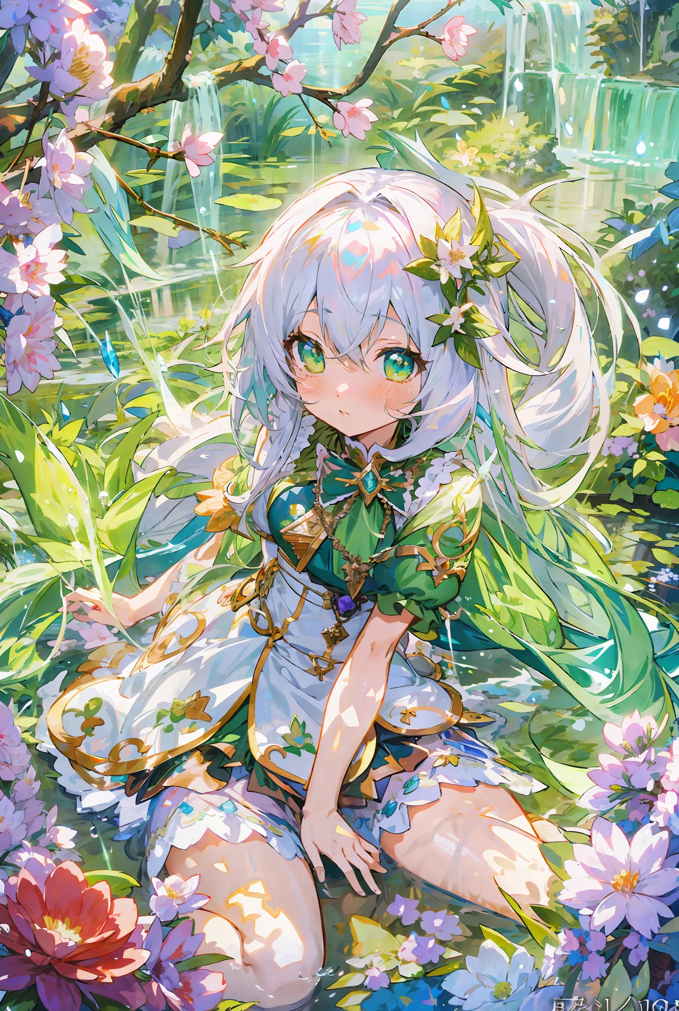anime girl with long white hair and green dress sitting on a rock, high detailed official artwork, detailed key anime art, splash art anime loli, official artwork, detailed digital anime art, shadowverse style, detailed anime art, anime fantasy illustration, goddess of spring, crisp clear rpg portrait, detailed anime artwork, beautiful fantasy anime, anime fantasy artwork