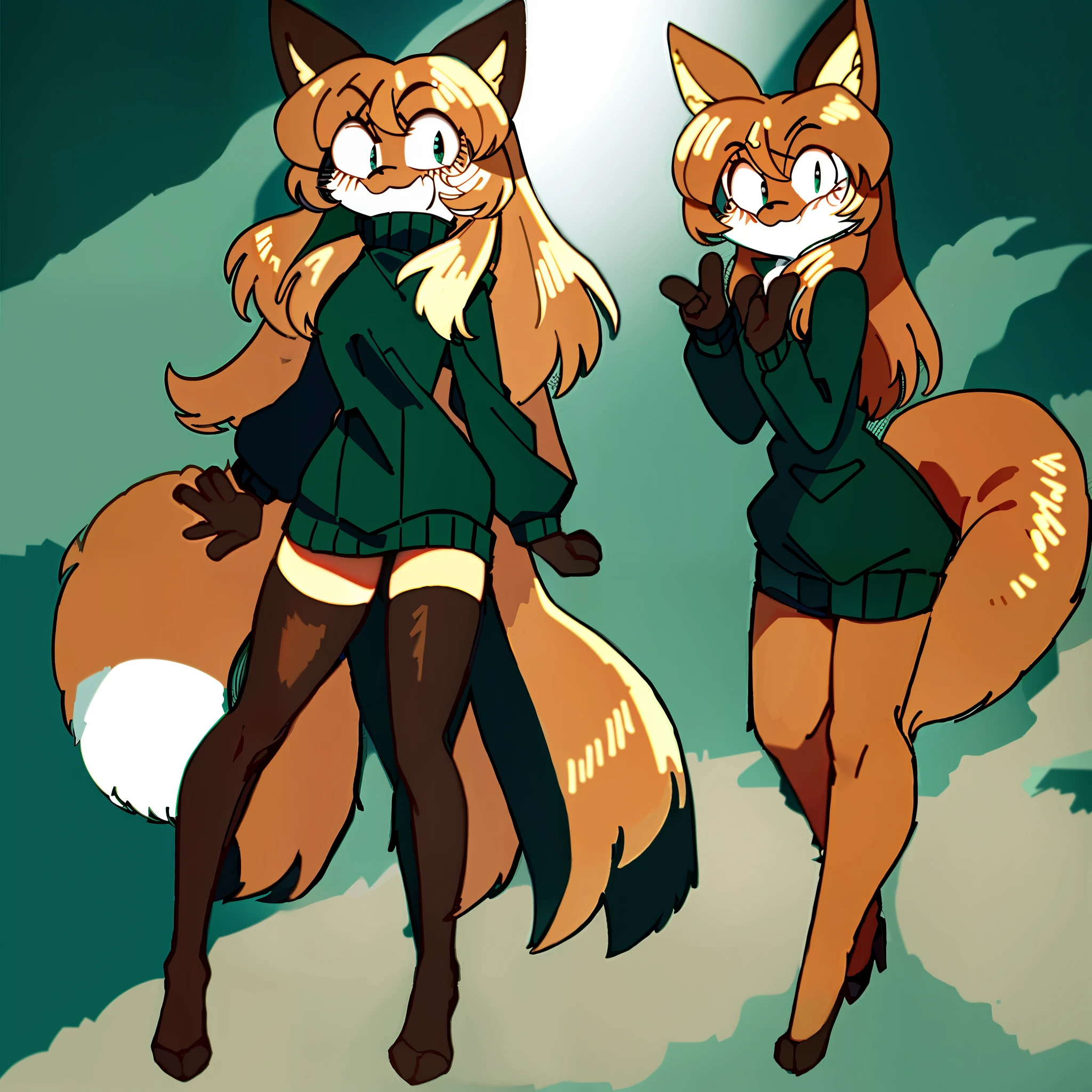 Retro Style, 1980s (Style), Averi, Fox Girl, Black High Stockings, Big Green Sweater, Black Hands, (Big Chest), Full Body, Solo, 1girl