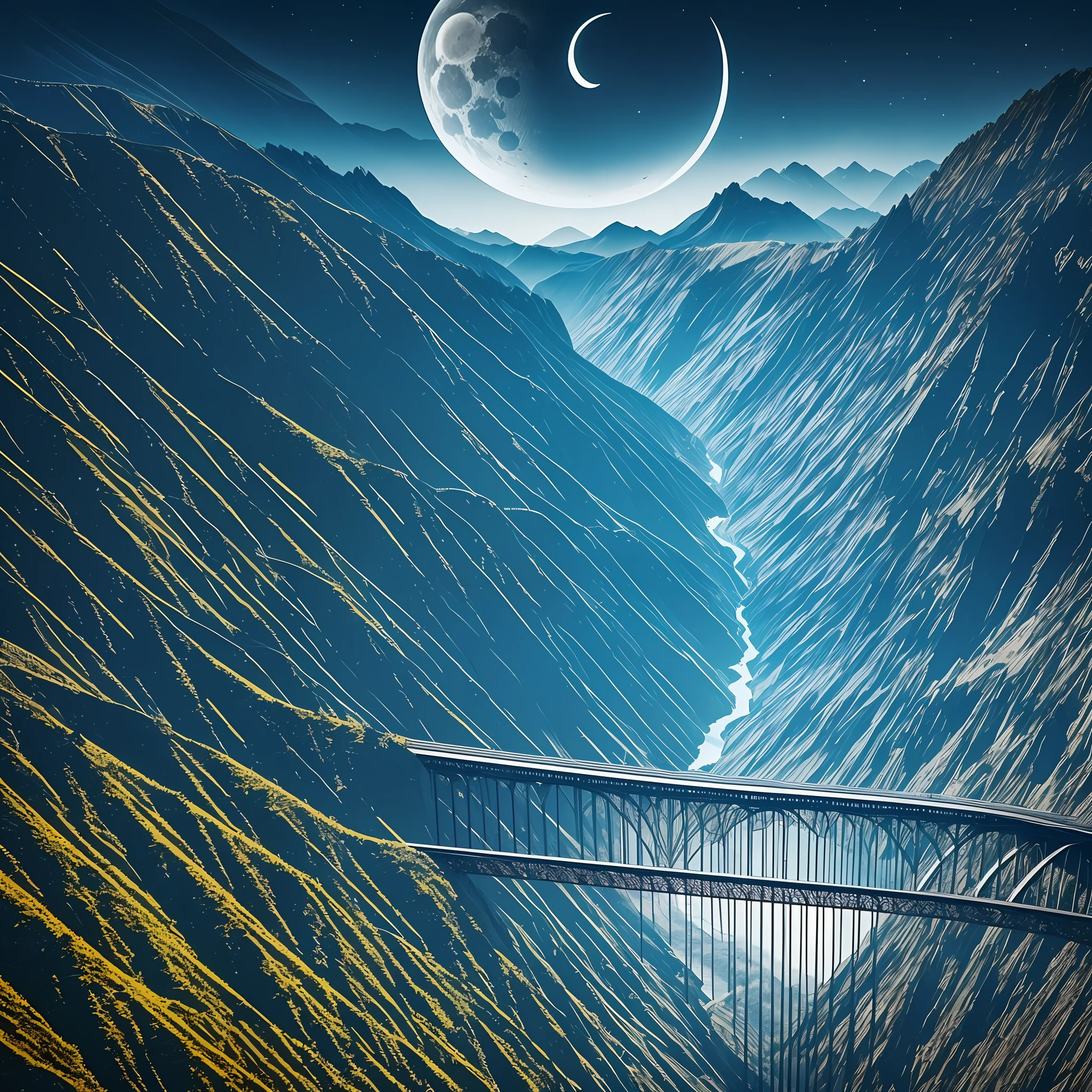black hair, super detail bridge passing through dark valleys at night with moon in the background image of terror, Surrealism, 8k --auto --s2