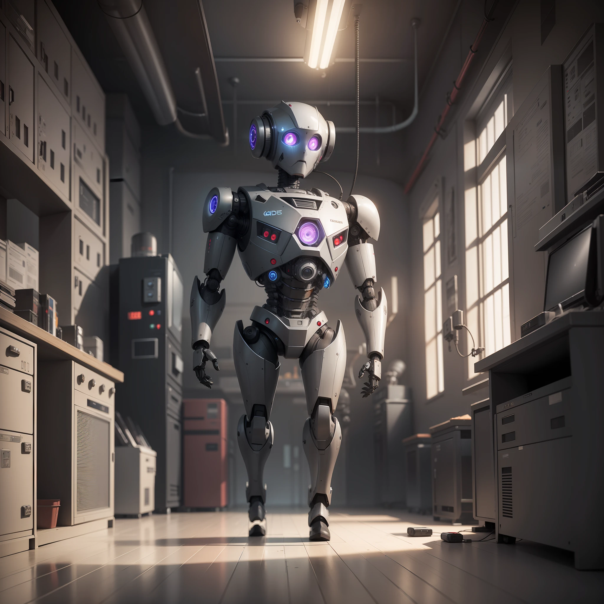 a robot, inside lab, left view, gothic, high details, computer vintage, vintage, noir