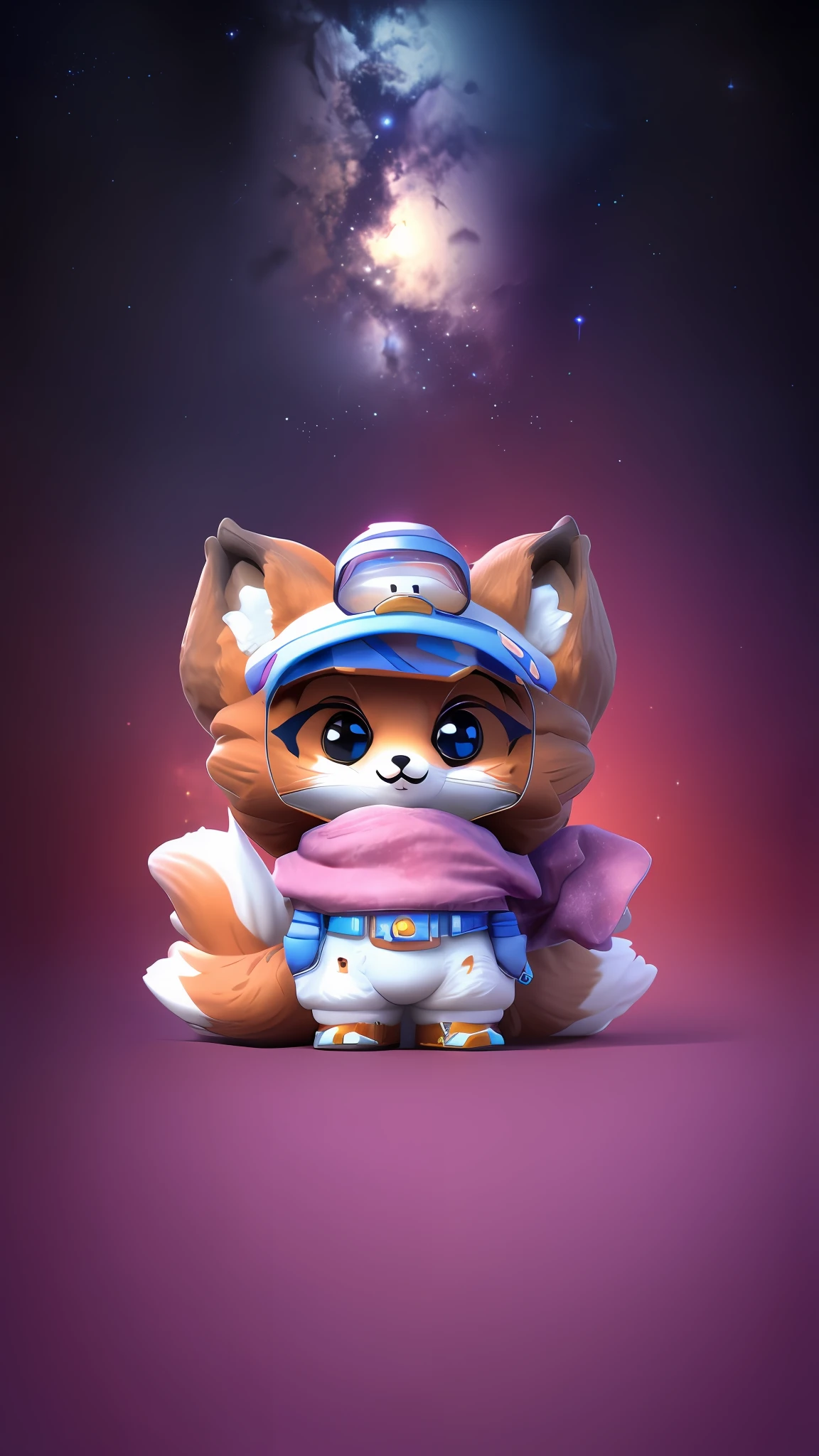 As a full body Funko Pop! , Expander Ear Fox in Space Suit, Vinyl Toy Statue, Smooth Space Suit, Soft Fox, as Funko Pop! , duck on head, wearing a space hat, anthropomorphic fox, duck wearing a space hat, inspired by a close-up of the Nyuju Stumpy Brown fox statue, cute, macaron color scheme, rich starry sky background, detailed images, Nendoroid 3 D, 3 D Smallest pet shop cat, blender, pastel color scheme