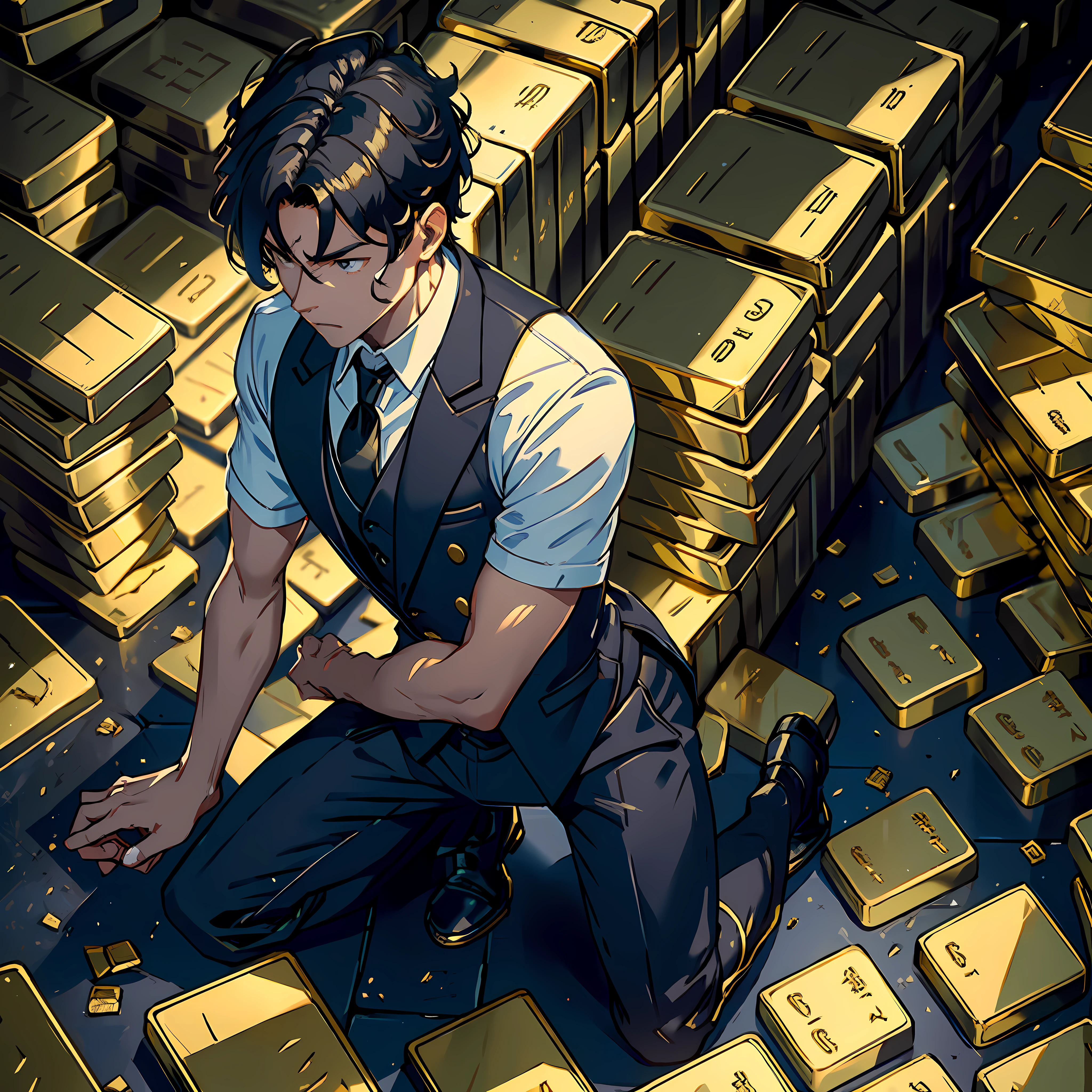 1 man, kneeling on the ground, a pile of gold bars stacked in front of him, black hair, black eyes, white vest, study