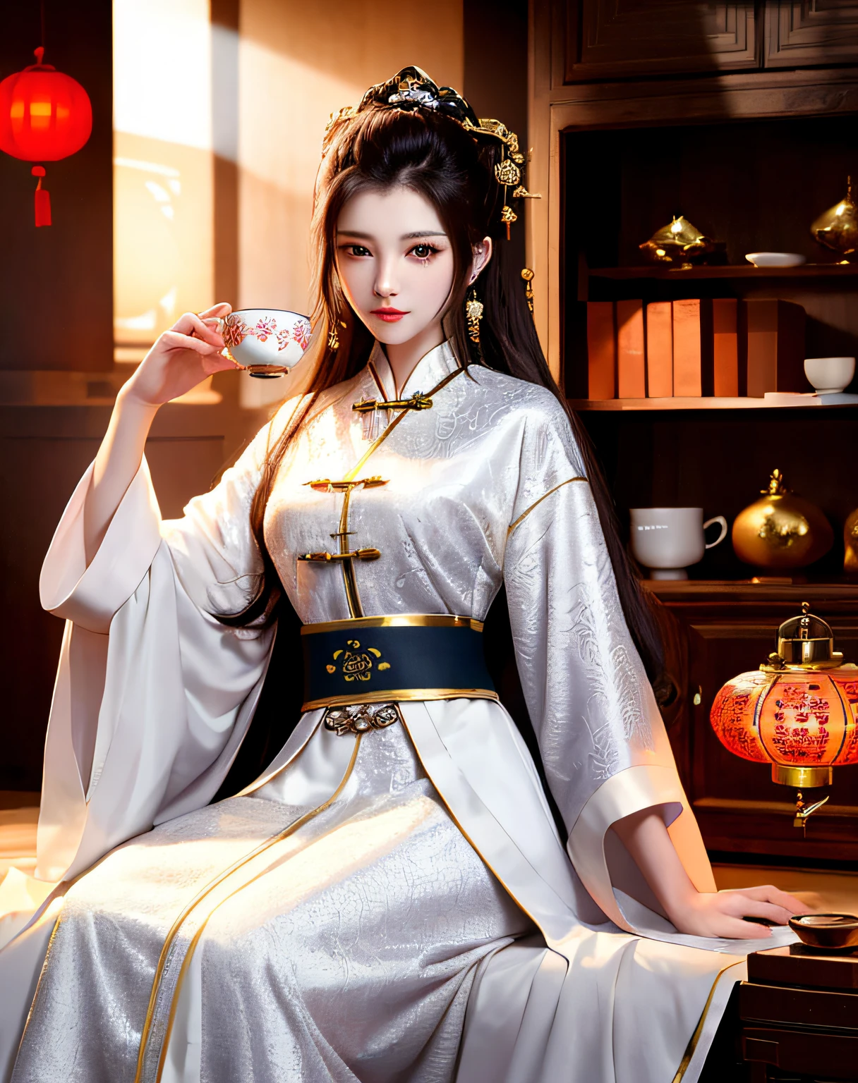 best quality, masterpiece, highres, 1girl,Beautiful face,chinese clothes,white Taoist robes,in room,drinking tea,incense burner,bookcase,oil lamp,Warm light
