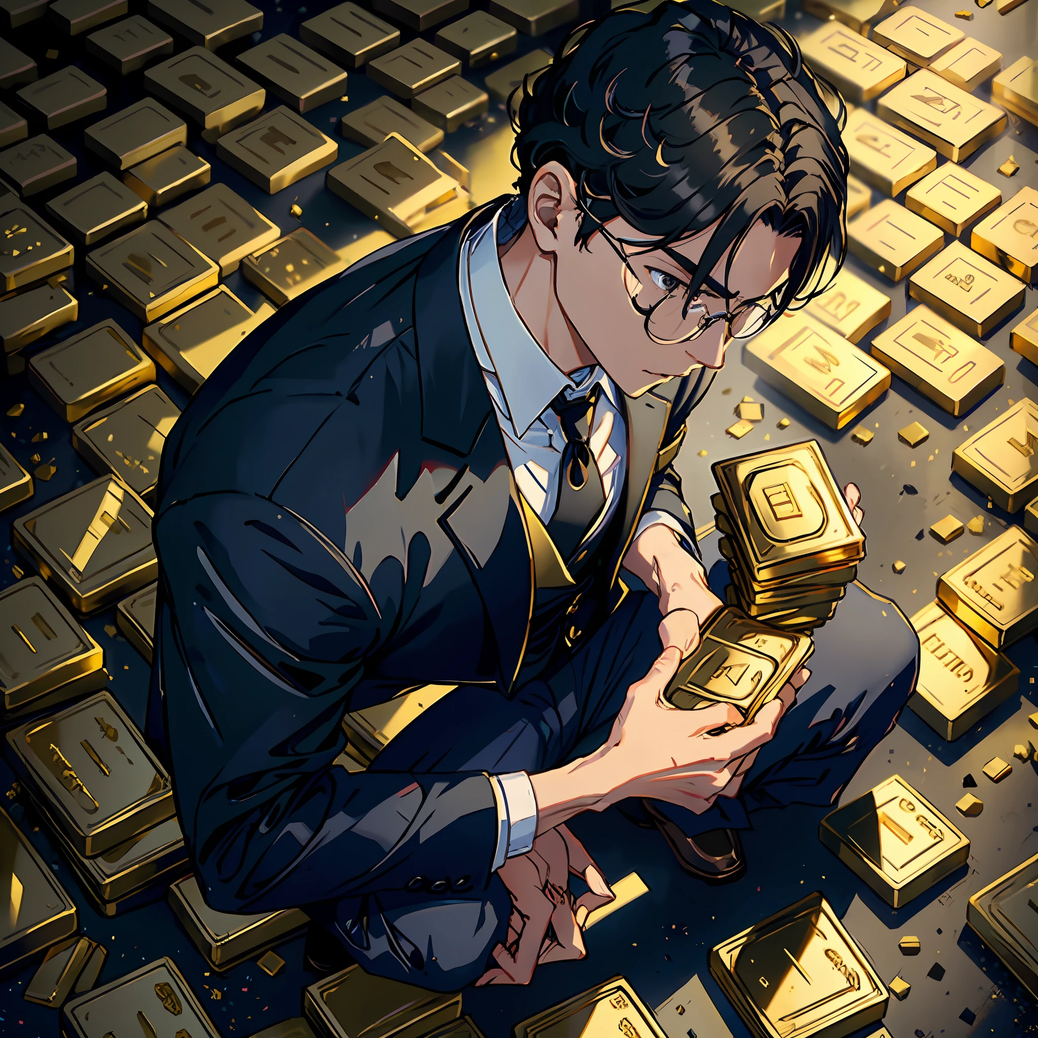 1 man, kneeling on the ground, a pile of gold bars stacked in front of him, black hair, black eyes, white vest, study
