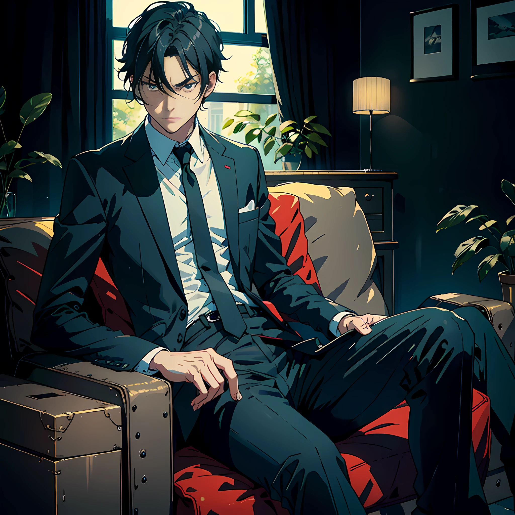 1 man, sitting on sofa, erlang legs, black hair, black eyes, black suit, disdainful expression, living room