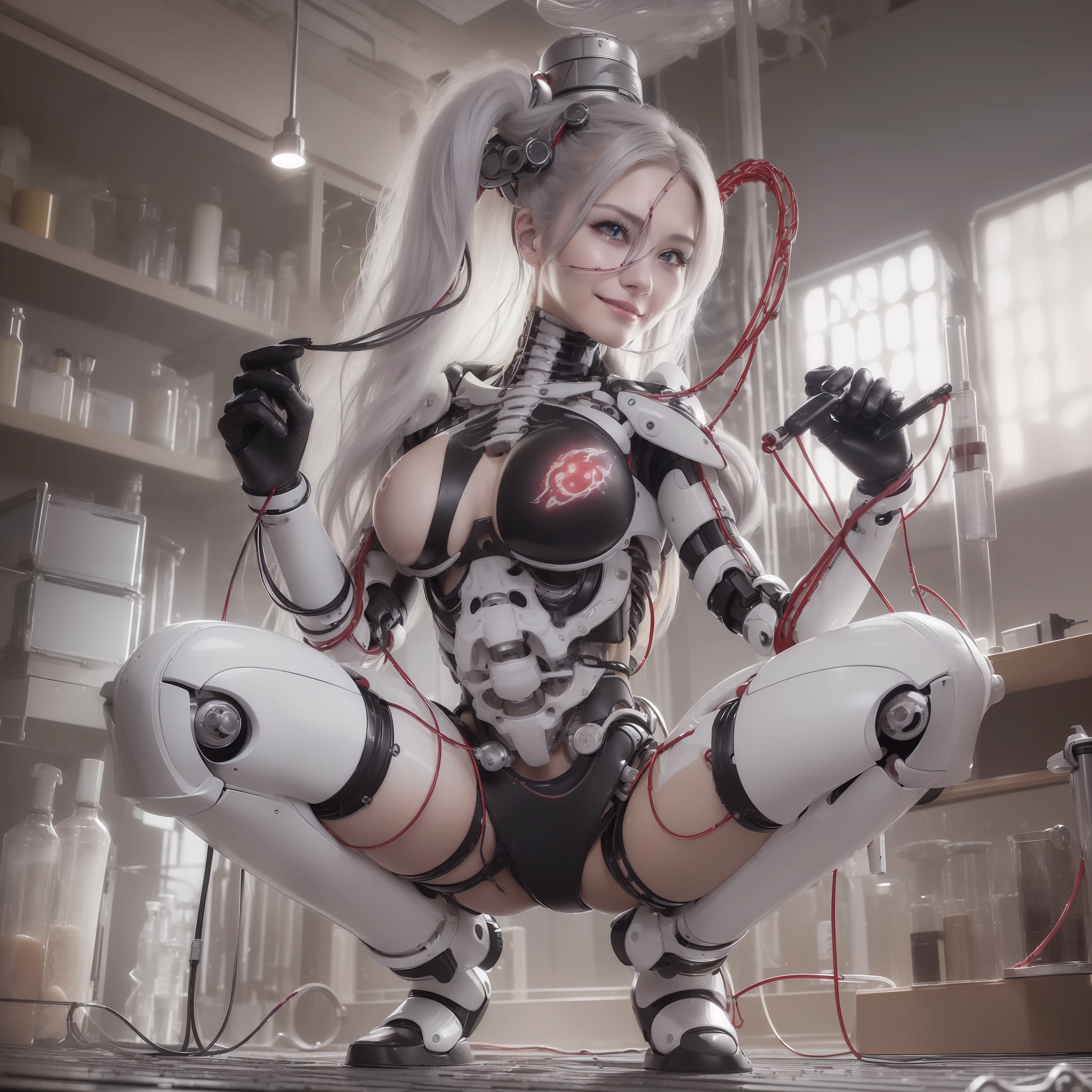 Beautiful Face,face is Japan, 1 woman, Curvaceous, Best quality, Masterpiece, Ultra detailed, (Blood vessel attached to tube)(Bikini Cyborg robot part)))), (Light grey hair), Long hair, Wavy hair, Twin tails, Medium shot, ((((Seductive smile)), (Black eyes), Princess cut, (Cowboy Shot),Squatting,Spread your legs, In the laboratory, ( Blood vessel connected to a tube),((Mechanical vertebrae attached to the back)),((Mechanical neck attached to the neck)),(Wire and cable attached to the head and body: 1.5),(Character focus),Science fiction,