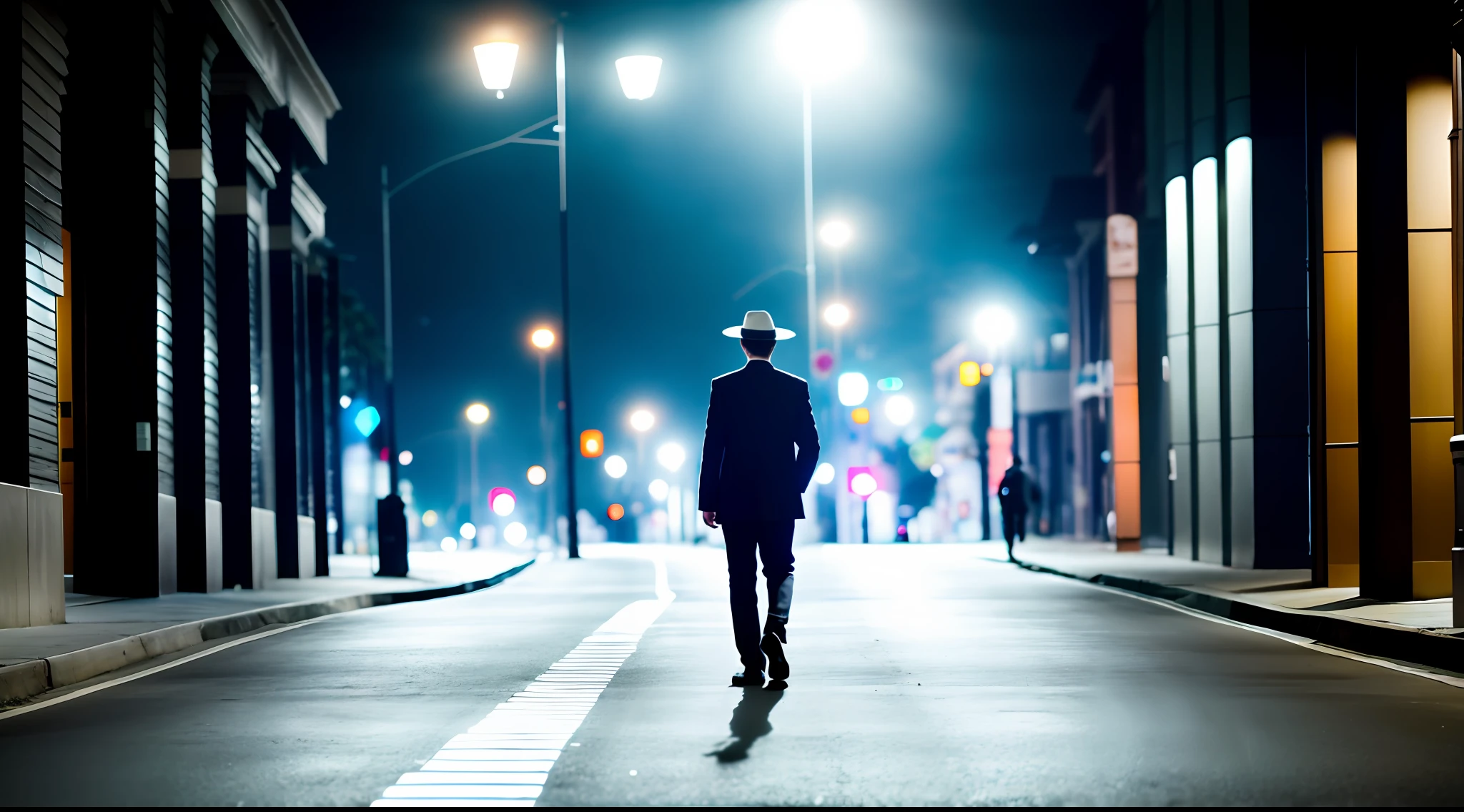 A lonely man, walking through the shadows on an empty street, at night, wearing a white suit and Panama hat (vibrant, photorealistic, realistic, dramatic, dark, sharp focus, 8K)