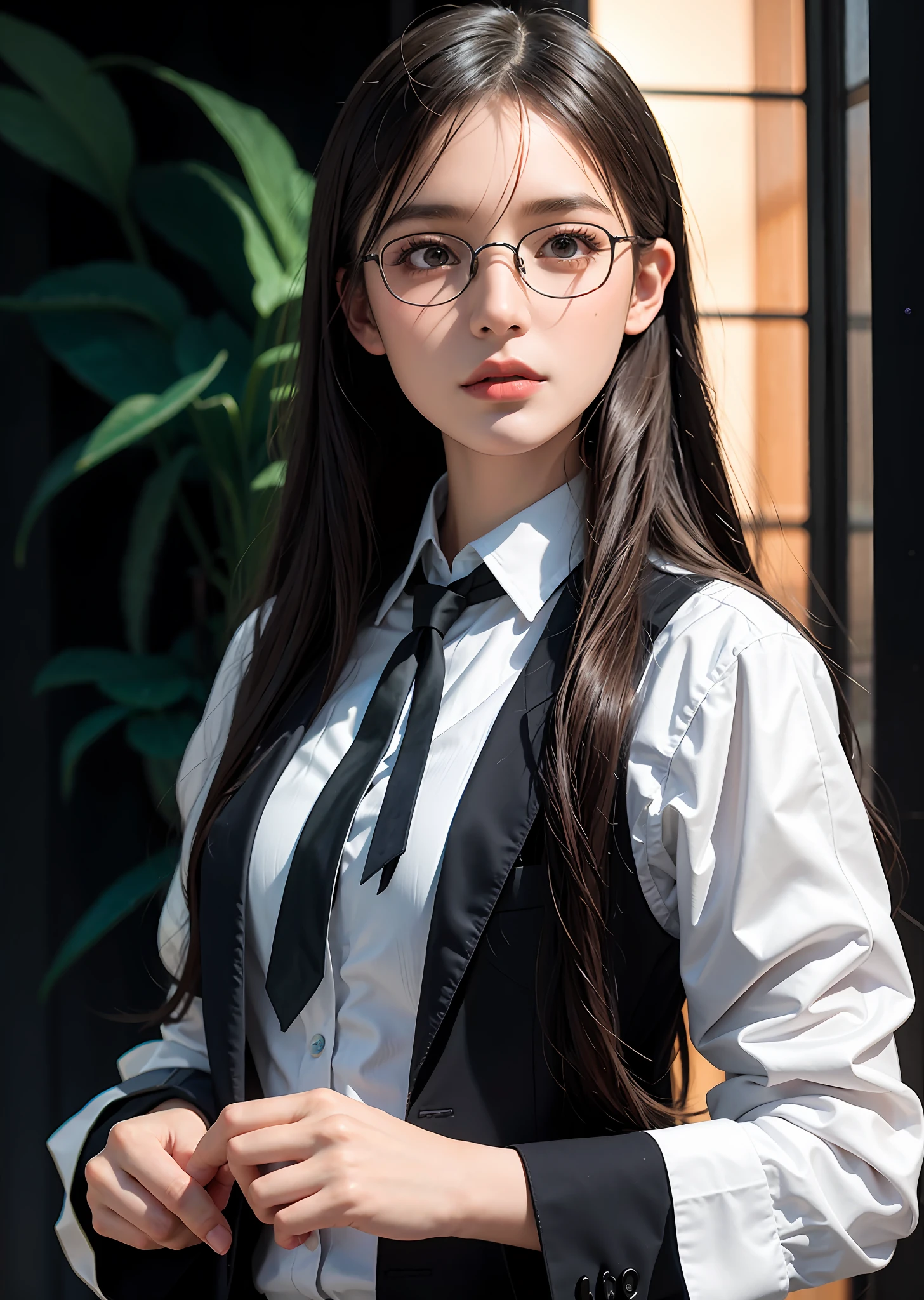 Surrealistic female portraits by David Hockney and Alphonse Mucha, fantasy art, photorealism, dynamic lighting, artstation, poster, volumetric lighting, very detailed faces, 4k, award-winning, 1girl, in the dark, deep shadows, understated, school uniform, glasses, (formal wear: 1.4), long hair,