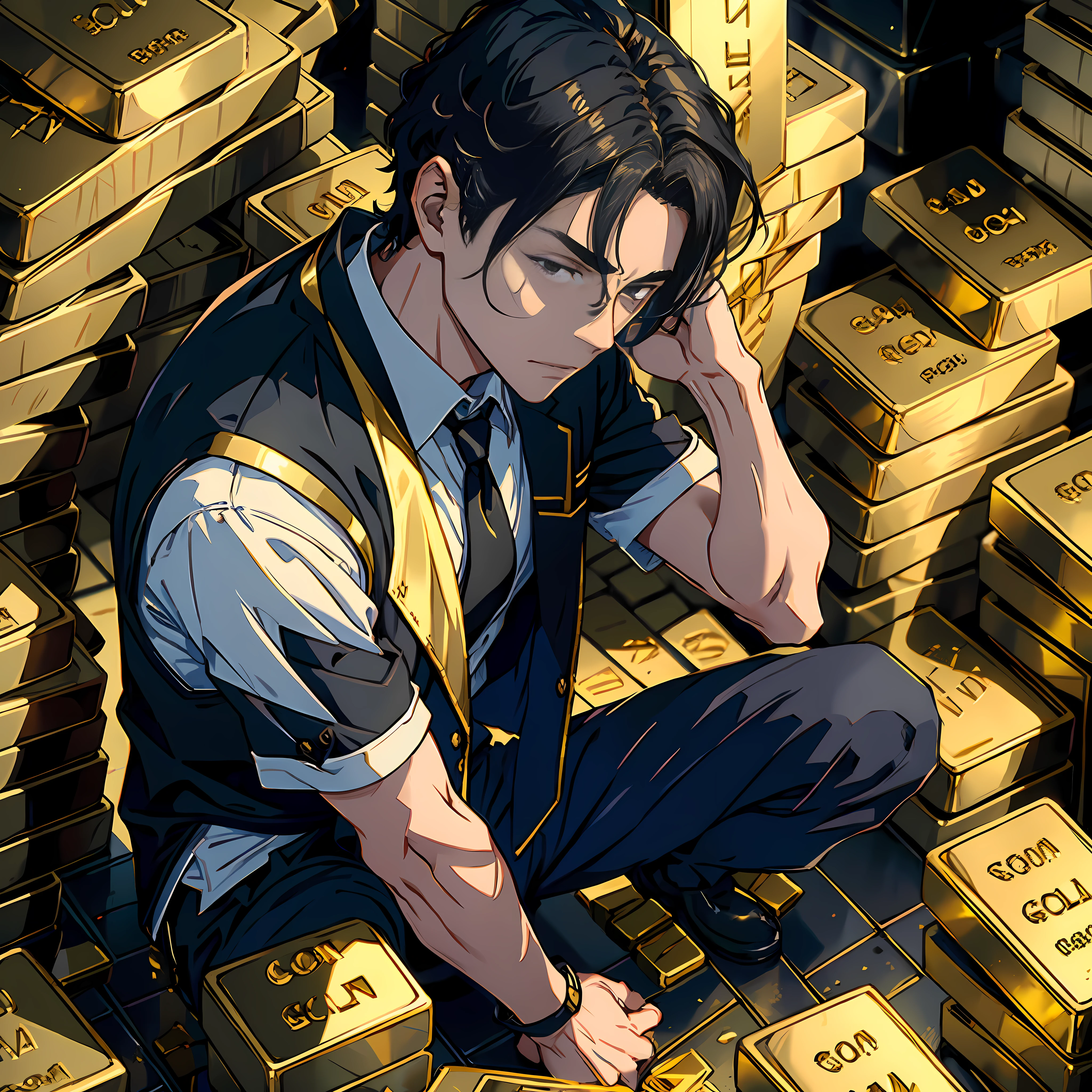 1 man, kneeling on the ground, a pile of gold bars stacked in front of him, black hair, black eyes, white vest, study