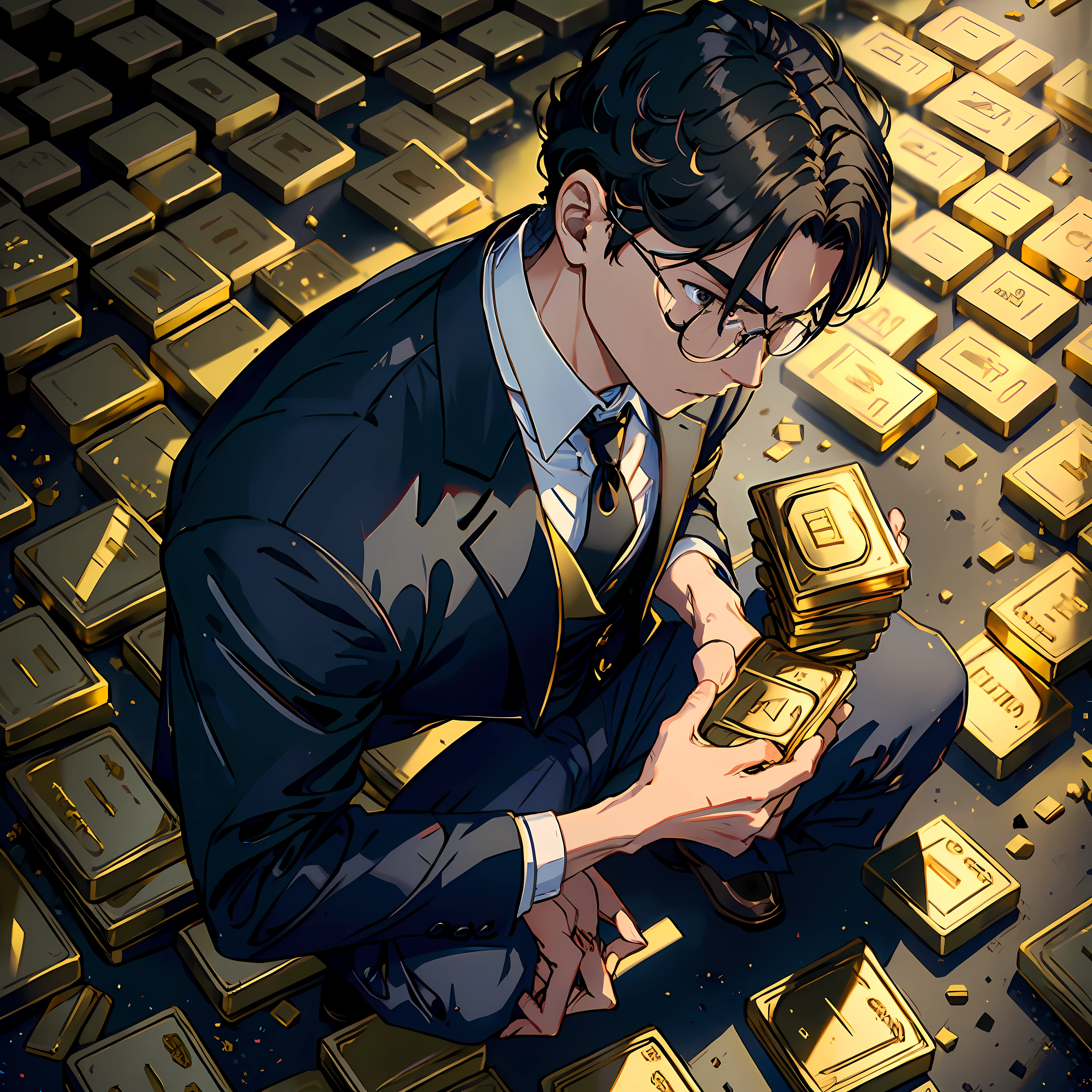 1 man, kneeling on the ground, a pile of gold bars stacked in front of him, black hair, black eyes, white vest, study