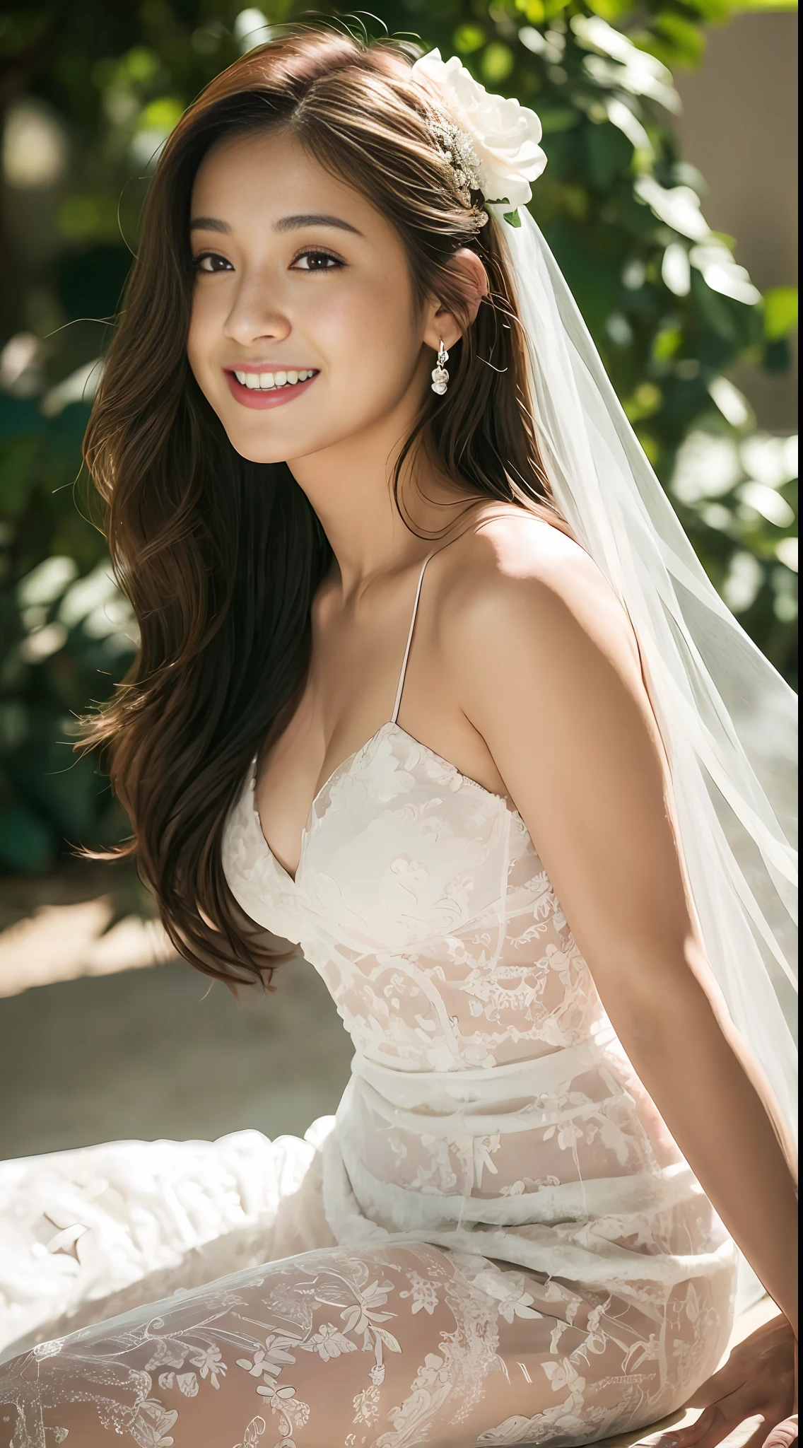 ((top quality, 8k, masterpiece: 1.3)), 1 girl, beautiful woman with plump abs: 1.3, full body, (long hair, small breasts: 1.2), bride, bride hairstyle, veil, hair ornament, super delicate face, delicate eyes, double eyelids, smile, beach, white wedding dress, mermaid line dress, beach, red color flower bouquet on hand, sun, top quality, face focus, soft light (depth of field), ultra high resolution, (photoreal: 1.4), RAW photo, (above thigh: 1.4), (from side: 1.2), one Japan girl sitting, solo, cute, (shy, smile: 1.1), (brown eyes), detailed beautiful face, (midi hair), skin less exposed, pretty high