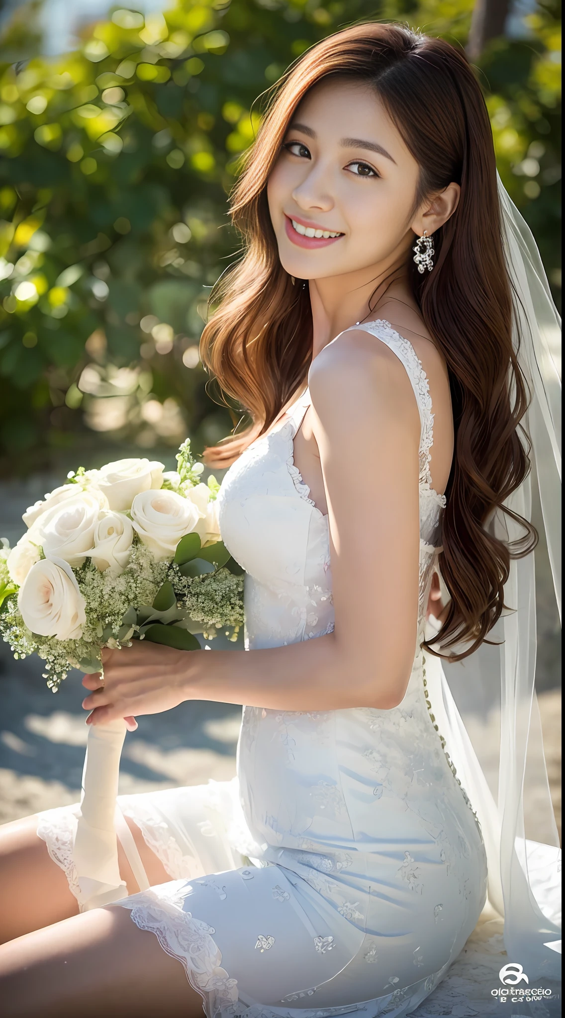 ((top quality, 8k, masterpiece: 1.3)), 1 girl, beautiful woman with plump abs: 1.3, full body, (long hair, small breasts: 1.2), bride, bride hairstyle, veil, hair ornament, super delicate face, delicate eyes, double eyelids, smile, beach, white wedding dress, mermaid line dress, beach, red color flower bouquet on hand, sun, top quality, face focus, soft light (depth of field), ultra high resolution, (photoreal: 1.4), RAW photo, (above thigh: 1.4), (from side: 1.2), one Japan girl sitting, solo, cute, (shy, smile: 1.1), (brown eyes), detailed beautiful face, (midi hair), skin less exposed, pretty high