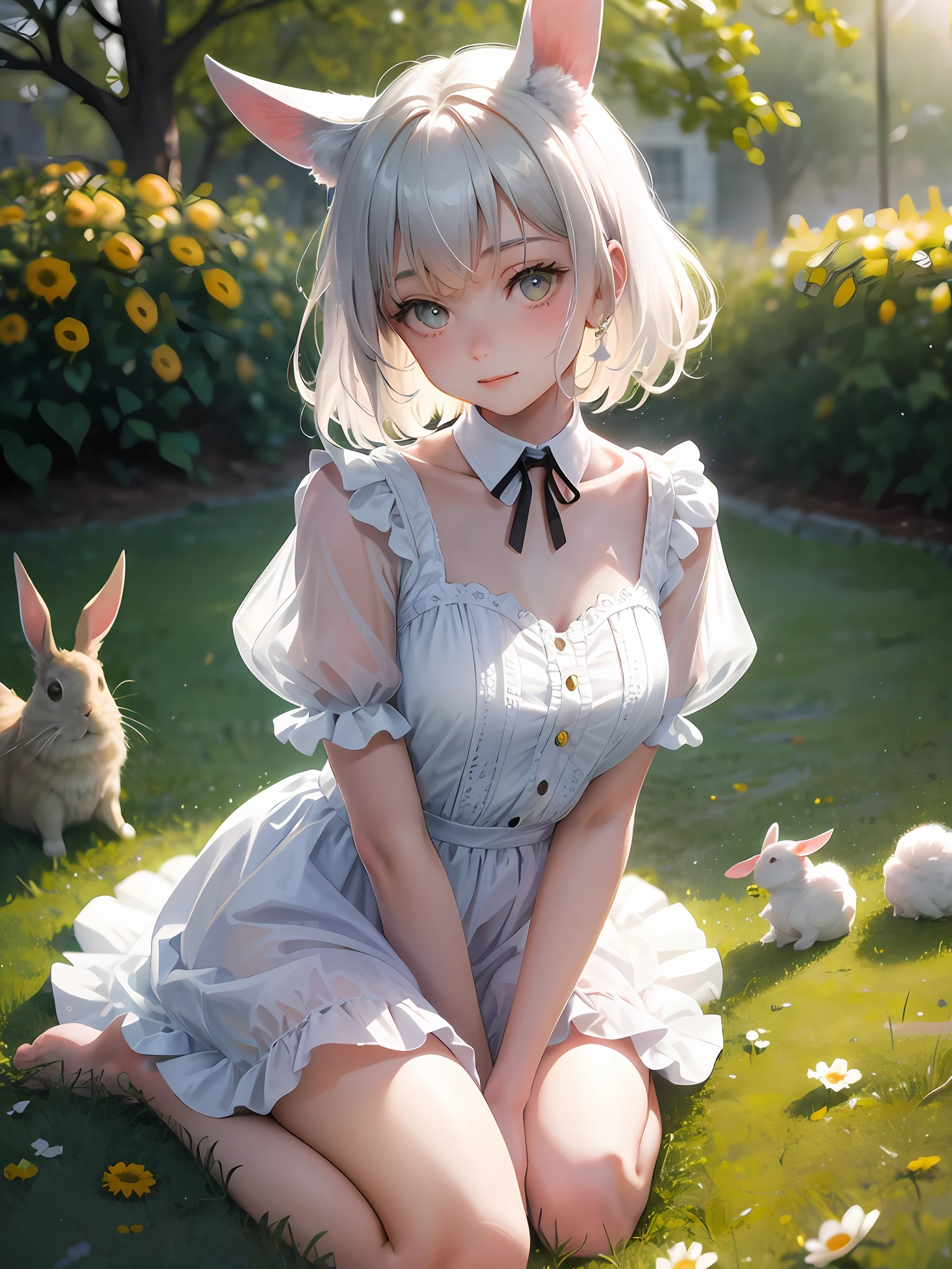 ((Masterpiece, best quality)), Real, One girl, Solo, Animal ears, Rabbit, Barefoot, Kneeling, Dress, Sitting, Rabbit ears, Short sleeves, Watch Viewer, Grass, Short hair, Smile, White hair, Puffy sleeves, Outdoor, Puffy short sleeves, Bangs, On the ground, Full body, Animal, White dress, Daylight, Brown eyes, Mottled sunlight, Day, Depth of field, Marilyn Monroe-like wind from below, fluffy flipping skirt