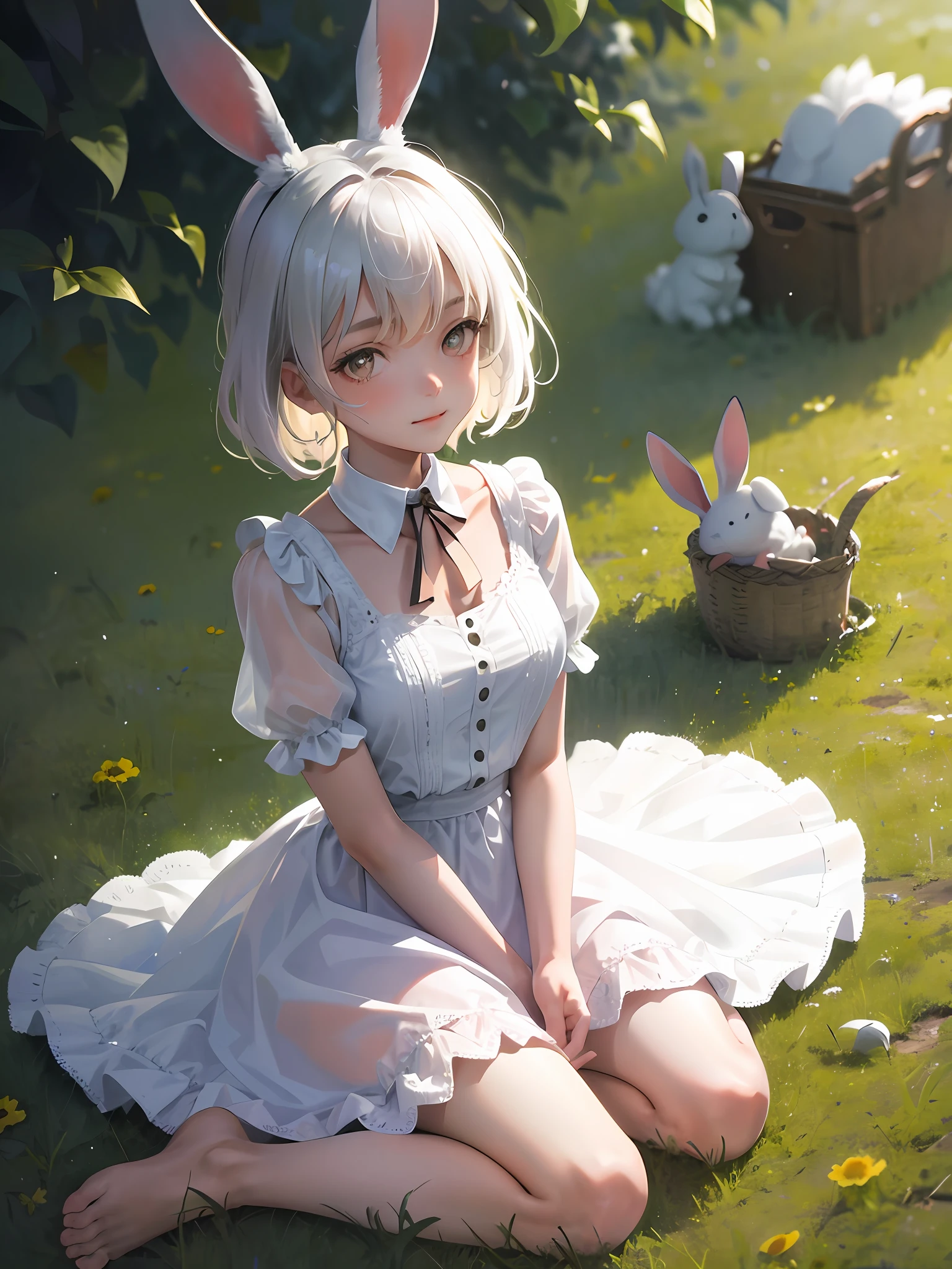 ((Masterpiece, best quality)), Real, One girl, Solo, Animal ears, Rabbit, Barefoot, Kneeling, Dress, Sitting, Rabbit ears, Short sleeves, Watch Viewer, Grass, Short hair, Smile, White hair, Puffy sleeves, Outdoor, Puffy short sleeves, Bangs, On the ground, Full body, Animal, White dress, Daylight, Brown eyes, Mottled sunlight, Day, Depth of field, Marilyn Monroe-like wind from below, fluffy flipping skirt