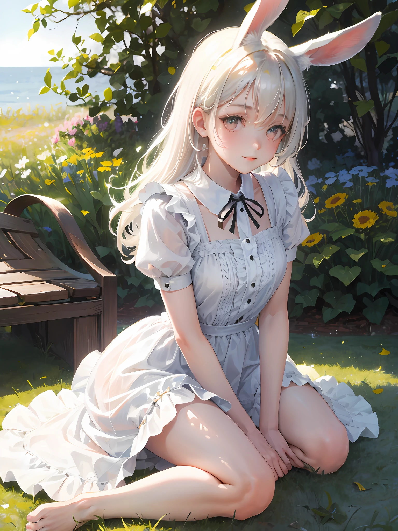 ((Masterpiece, best quality)), Real, One girl, Solo, Animal ears, Rabbit, Barefoot, Kneeling, Dress, Sitting, Rabbit ears, Short sleeves, Watch Viewer, Grass, Short hair, Smile, White hair, Puffy sleeves, Outdoor, Puffy short sleeves, Bangs, On the ground, Full body, Animal, White dress, Daylight, Brown eyes, Mottled sunlight, Day, Depth of field, Marilyn Monroe-like wind from below, fluffy flipping skirt