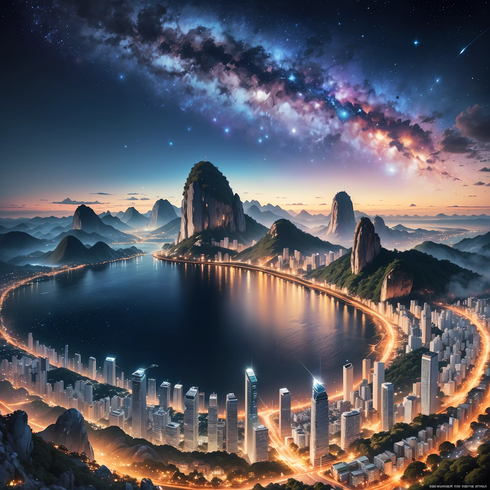 Rio de Janeiro panoramic view with stars and galaxies in the background artwork 8k ultra realistic painting --auto --s2