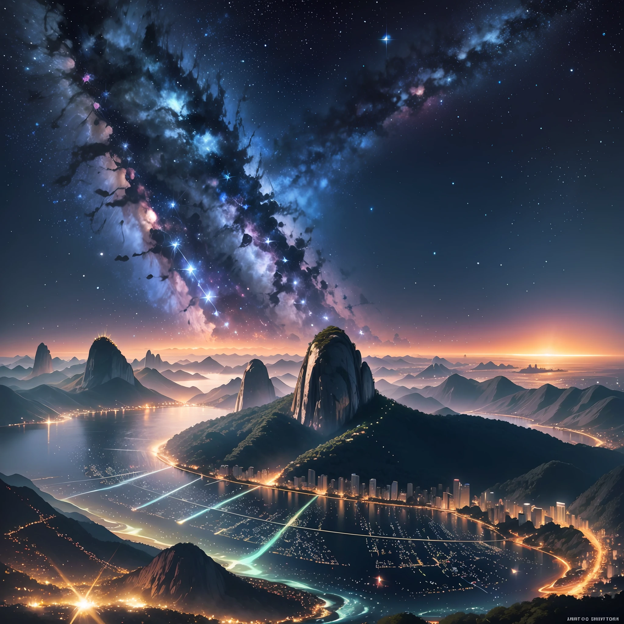Rio de Janeiro panoramic view with stars and galaxies in the background artwork 8k ultra realistic painting --auto --s2