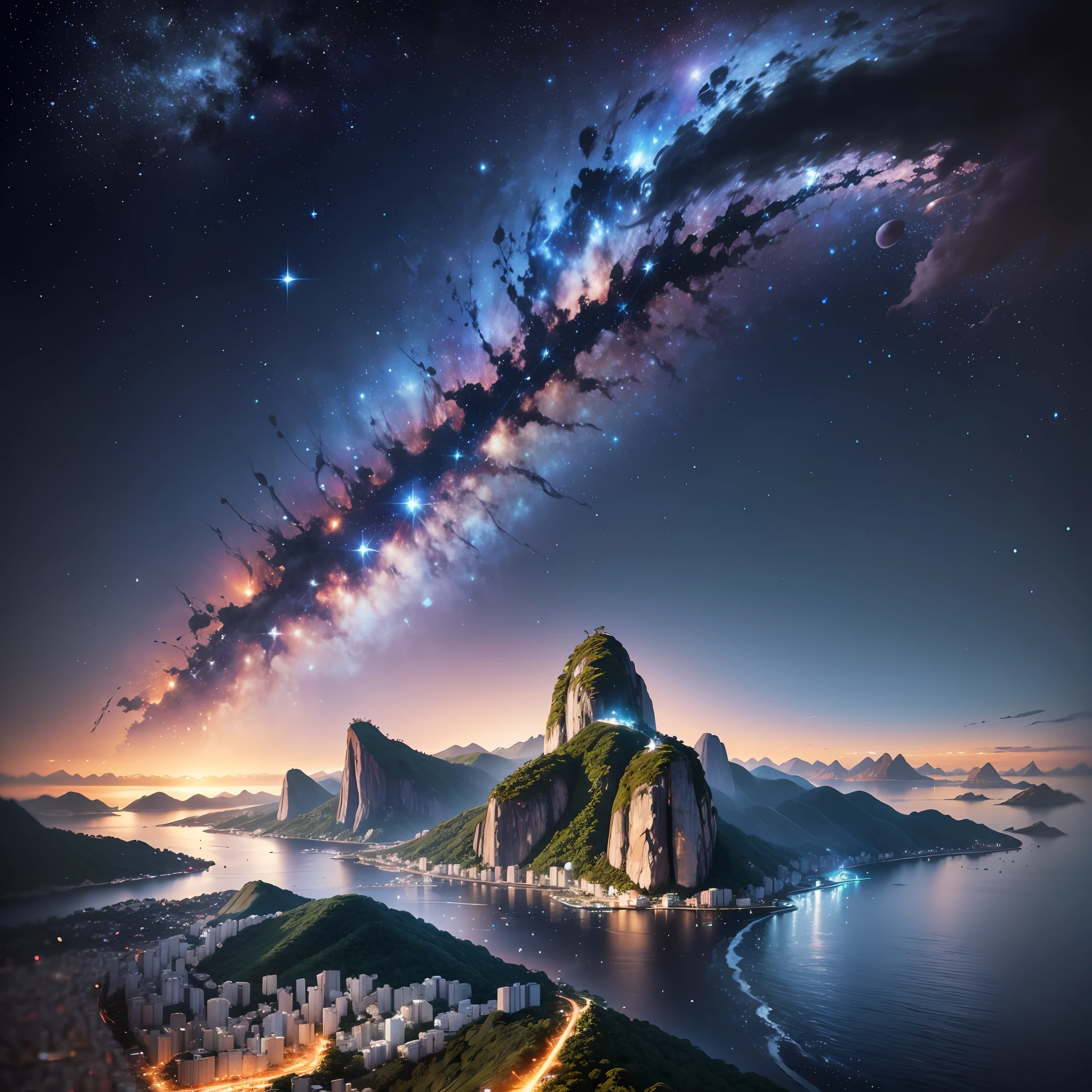 Rio de Janeiro panoramic view with stars and galaxies in the background artwork 8k ultra realistic painting --auto --s2