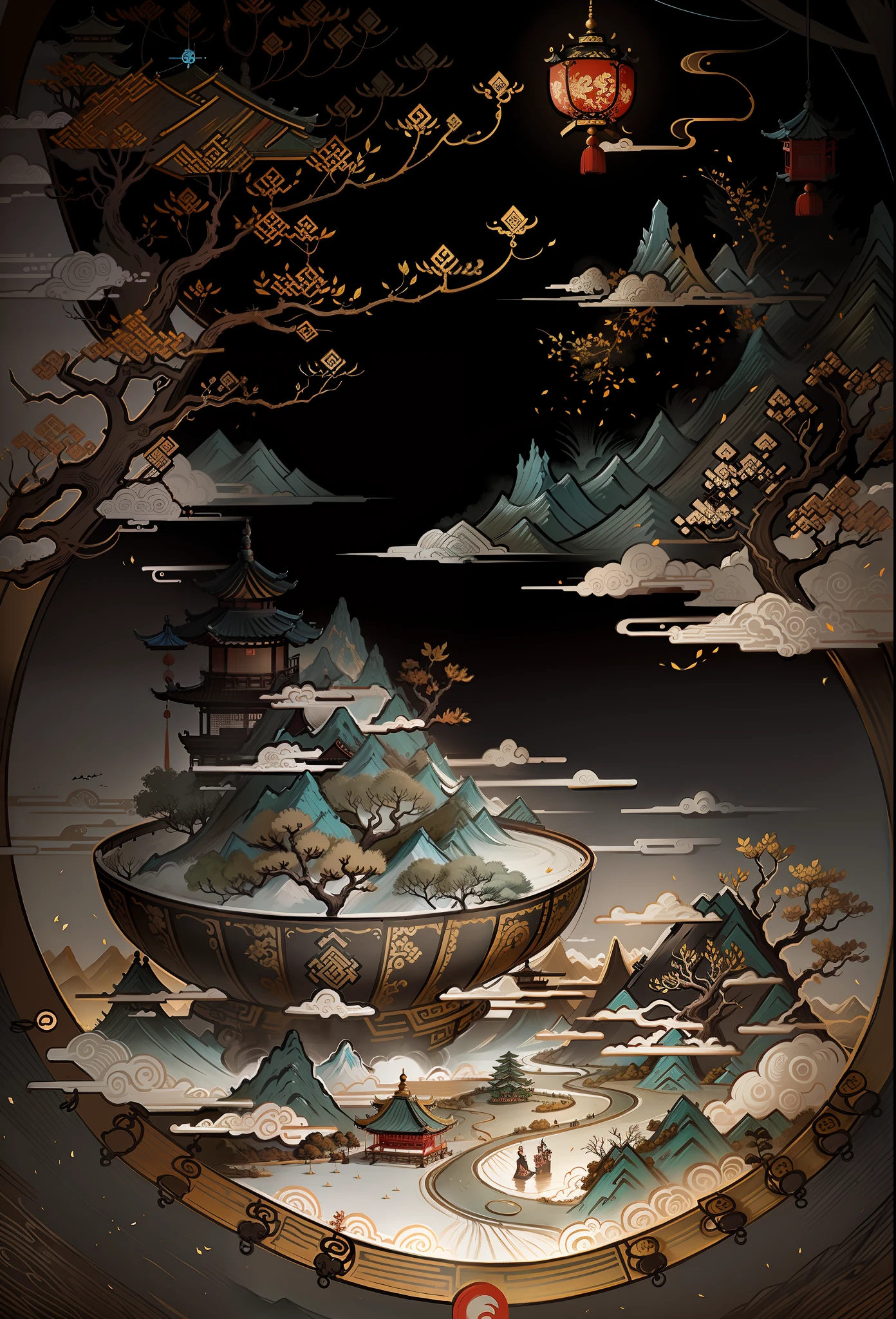 ancient chinese painting, ancient chinese background, mountain range, river, tree, auspicious clouds, pavilion, sunlight, masterpiece, super detail, epic composition, ultra hd, high quality, extremely detailed, official art, unified 8k wallpaper, super detail, 32k -- v 6