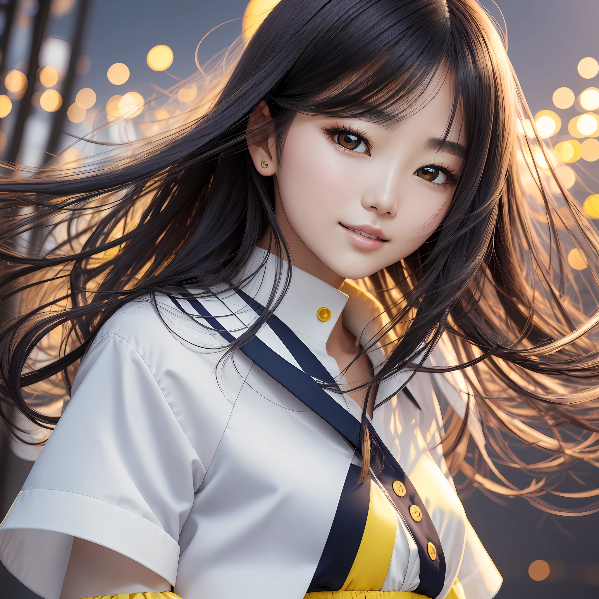 Beautiful Japan woman, nice perfect face with soft skin, small face with nose and rose-like lips, beautiful eyes, beautiful smile. Black, thin and long beautiful hair bathed in a bright etheric shine. Gradient highlight greige layer loose fluffy medium hairstyle, navy band collar shirt× houndstooth yellow flared skirt, bright neon colorful background, super realistic woman photo, high quality High Resolution 8K masterpiece --auto --s2