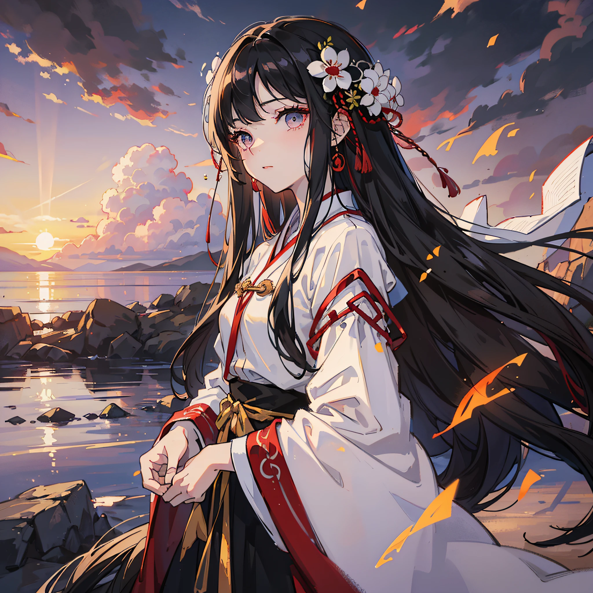 Masterpiece, best quality, brilliant sunset, sky, Tyndall effect, light, oil painting style, colorful, ethereal, dark eyes, long black hair, pure, beautiful cute, white hanfu, red sleeves, --auto --s2