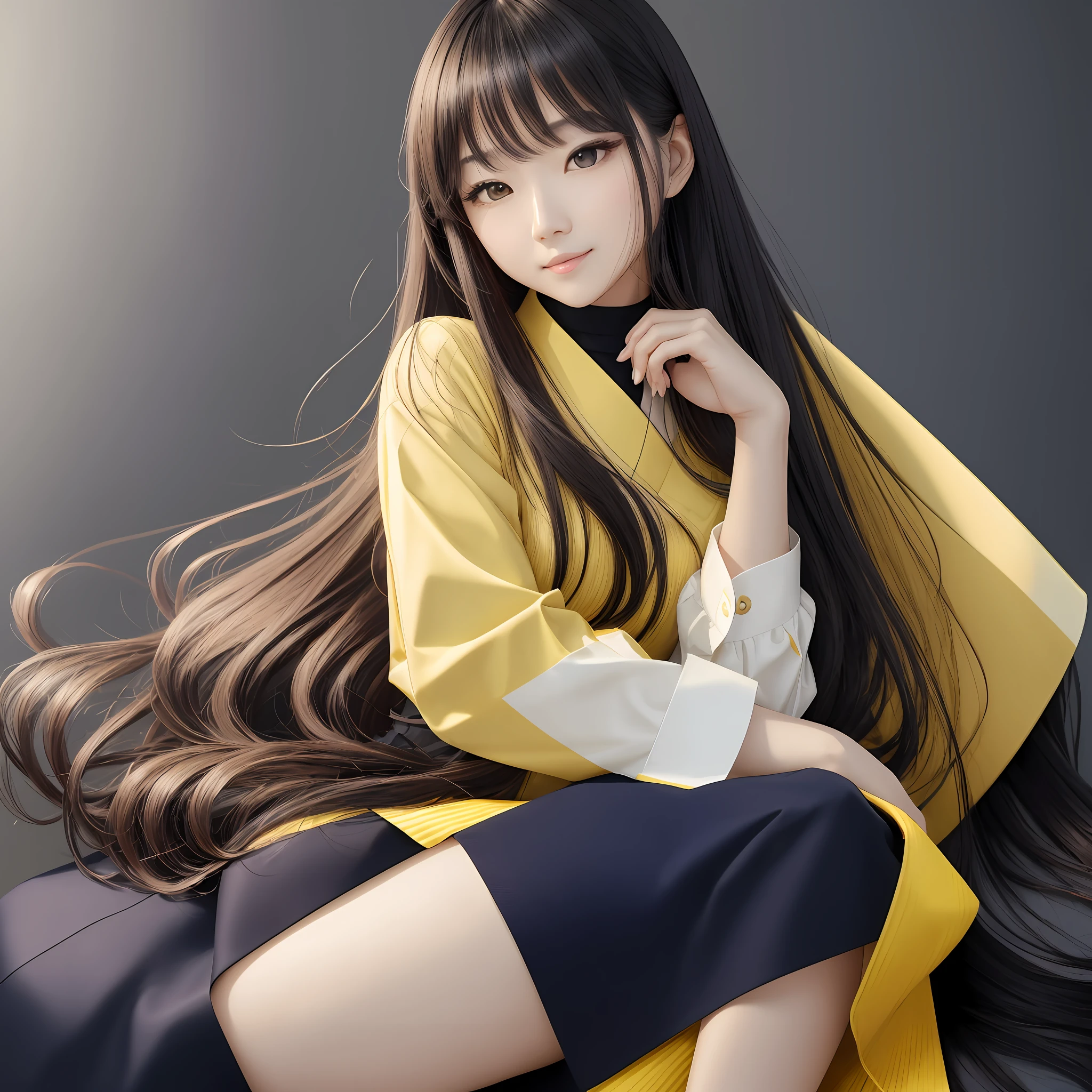 Beautiful Japan woman, nice perfect face with soft skin, small face with nose and rose-like lips, beautiful eyes, beautiful smile. Black, thin and long beautiful hair bathed in a bright etheric shine. Gradient highlight greige layer loose fluffy medium hairstyle, navy band collar shirt× houndstooth yellow flared skirt, bright neon colorful background, super realistic woman photo, high quality High Resolution 8K masterpiece --auto --s2