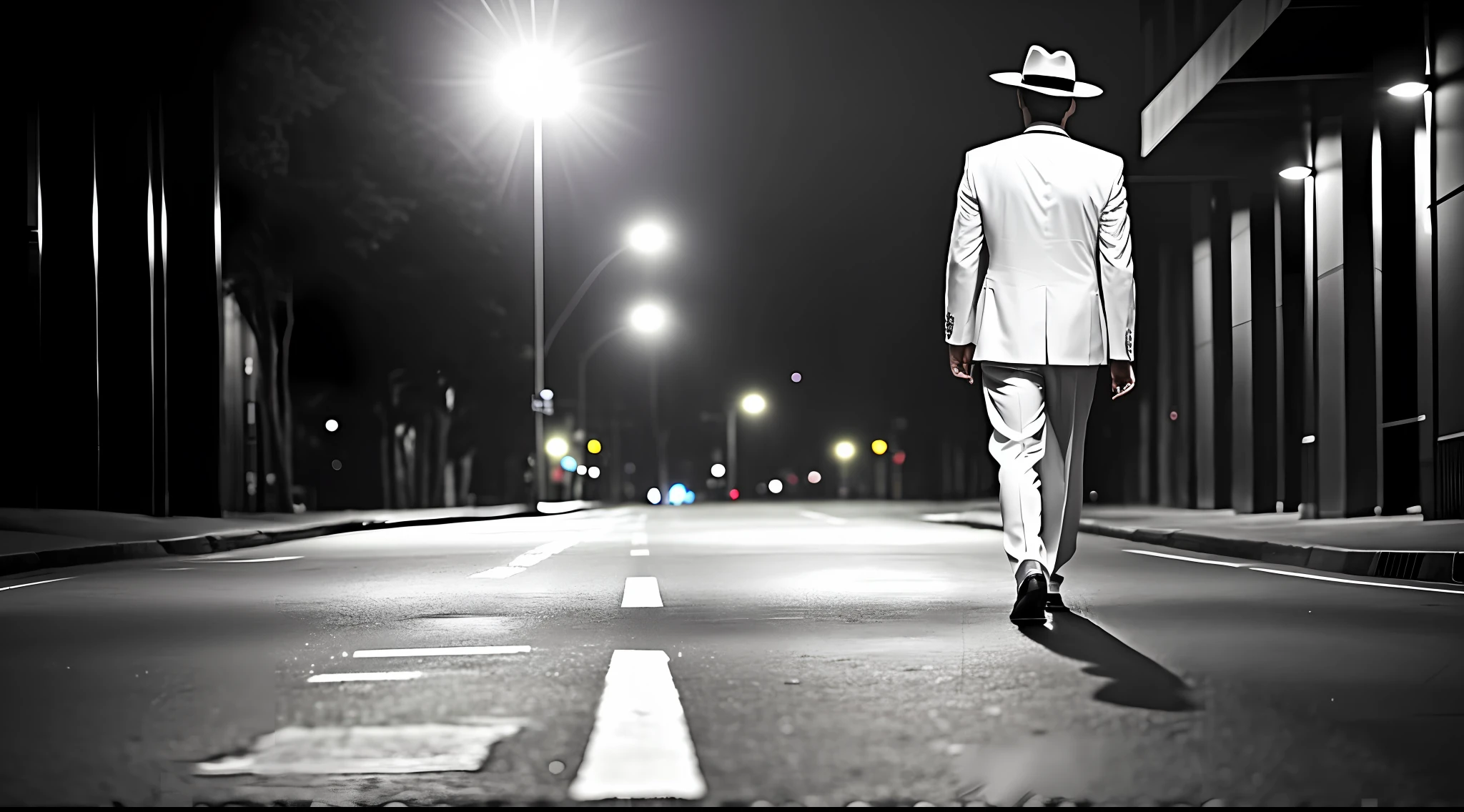 A lonely man, walking through the night, in the shadows, on an empty street in the center of a city, wearing a white suit, white Panama hat, alone, with no people around (photorealistic, dramatic, sharp focus, 8K)