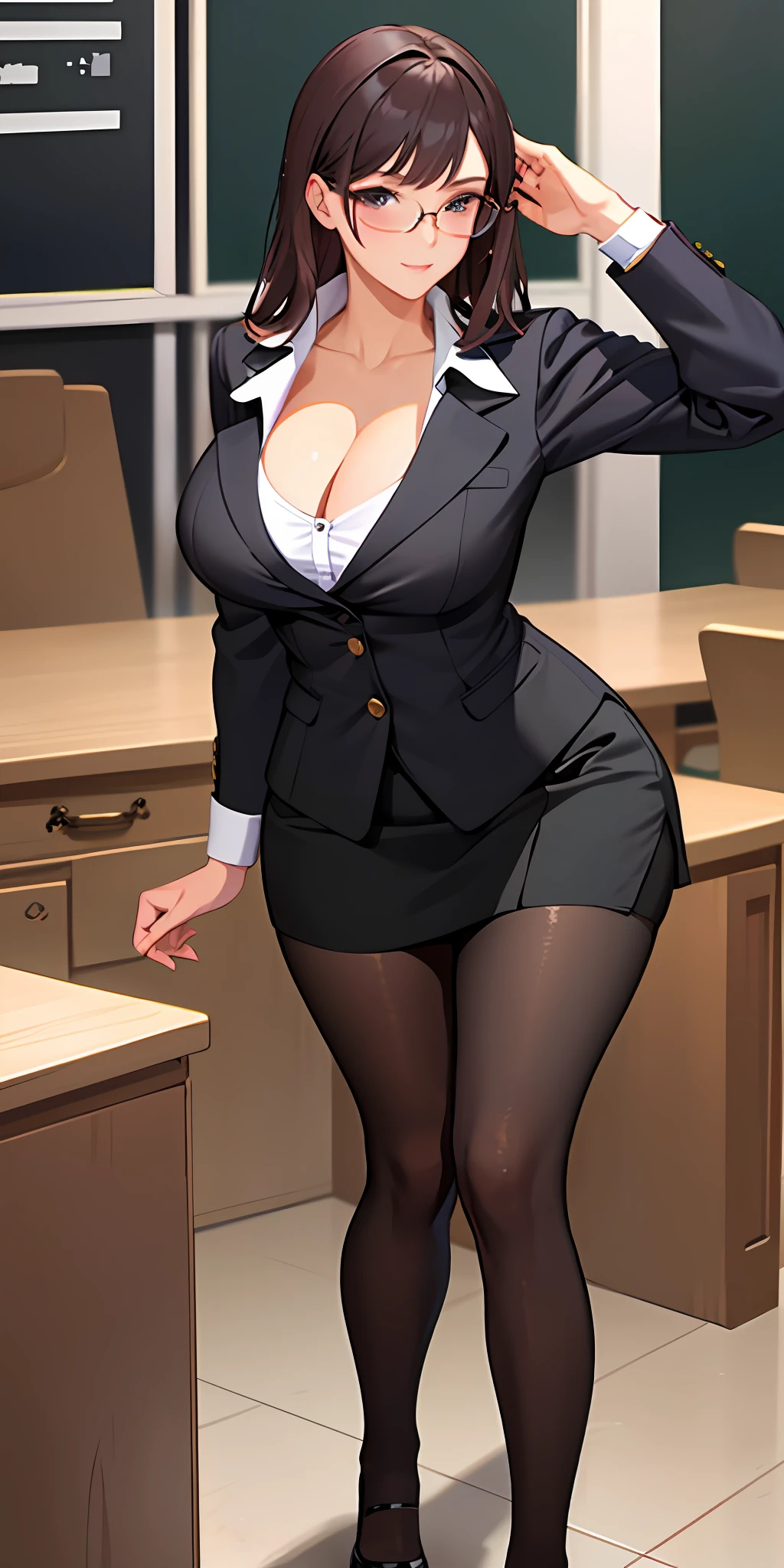 A classy and sophisticated teacher wearing glasses playfully dresses up as an office lady with a short skirt and black stockings, revealing her ample bosom and
