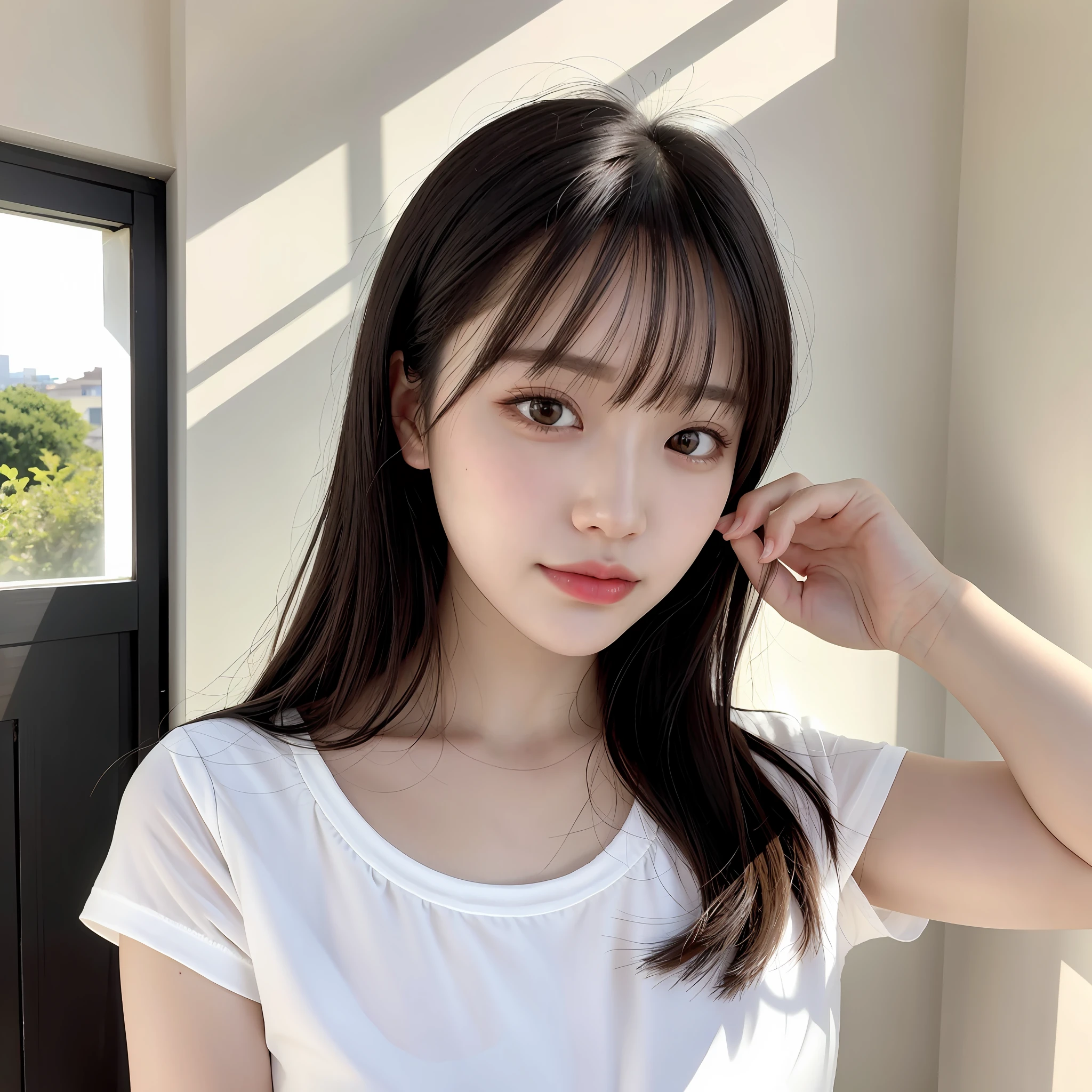 best quality, masterpiece, young girl, Dark hair, dark eyes, home, sun shining, shiny skin, sun flare