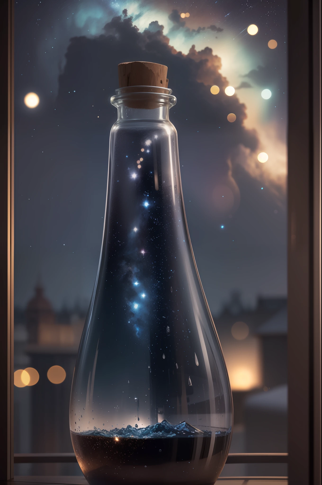 Glass bottle on balcony with a starry sky in the bottle, color field painting, futurism, romanticism, huoism, op art, impressionism, abstraction, chiaroscuro, motion blur, chromatic aberration, luminous light, blend, chromatic aberration abuse, floodlight, optical illusion, frame, viewfinder, close up, UHD, masterpiece, super detail, best quality