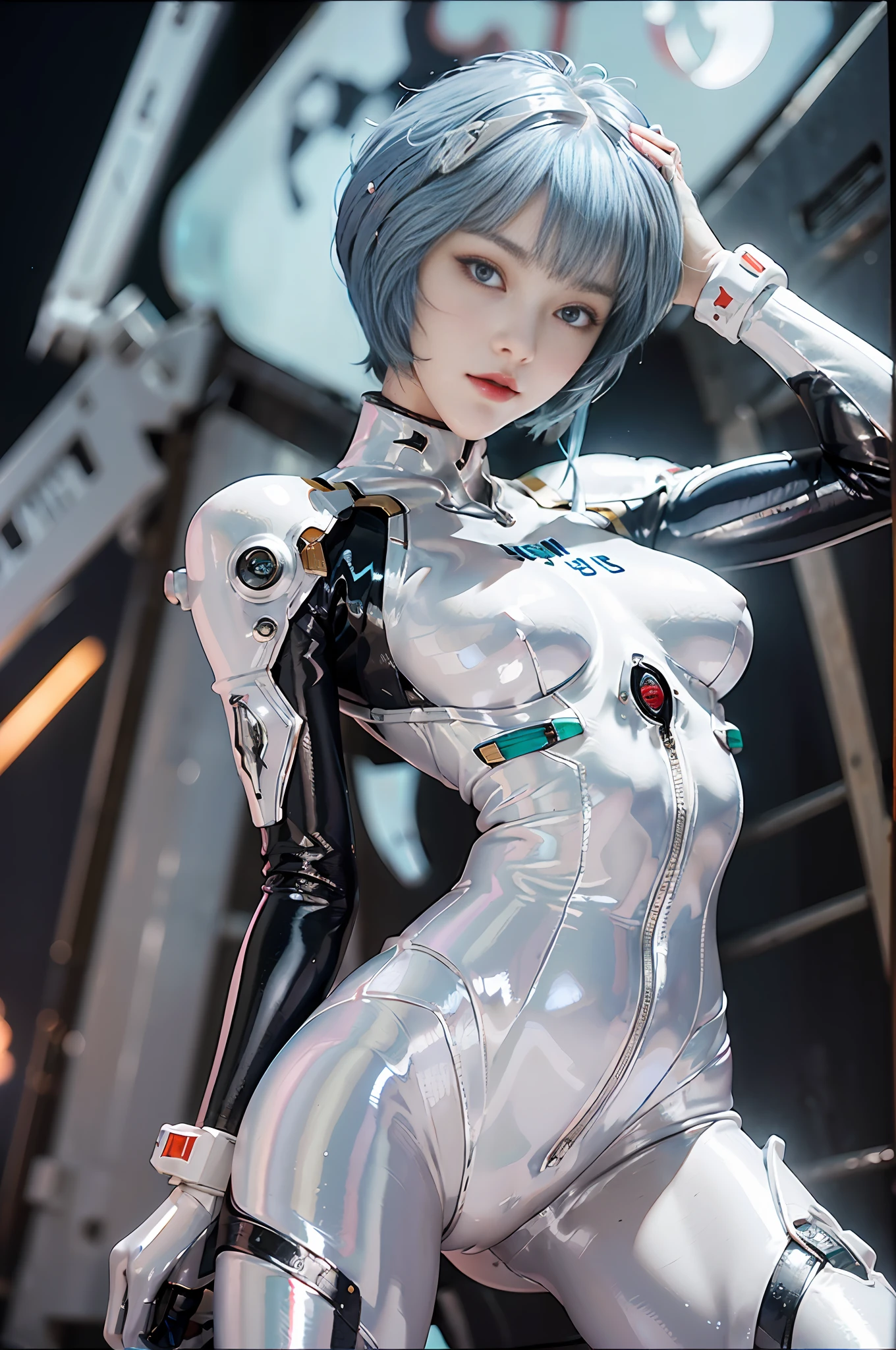 Masterpiece,NSFW1.1,((Whole body:1.1))))), (Realistic),Photos, Best Quality, 1 female,((Tall:1.1))),Ear fold,(((Rei Ayanami, Plug Suit 00:1.1))),((Red Eyes,Beautiful Face, Beautiful Eyes:1.1)))), (((Cute Face)), Wet Eyes, Face,Detail Face, Detail Lips, Detail Eyes, (Thin and Sharp Pale Eyebrows :1.1 long eyelashes), double eyelids, (seductive smile), (gentle expression, fleeting expression))),(turning sexy pose), sexy buttocks, (pearl rubber suit with strong metallic luster and smooth surface), ((sexy tight metallic shiny latex suit)))), (two thick black lines from thighs to buttocks: 1.1))), ( Movie lighting: 1.1),From below, (upright), (camelt), (sleek body line)), pale short hair, (pale thin eyebrows)), beautiful hair, (big round sexy breasts: 1.5), small logo pattern on the chest 00:1.1,mech suit, sexy thin long waist, white skin, (advanced cyberpunk research facility in the background)),(Spectacular midnight starry sky in the background : 1.5, a magnificent large full moon in the background, a spaceship in the background)))), (Face and eye details: 1.1), loneliness, blushing, (shy sexy pose)), very delicate and beautiful girl, standing, ((sexy pose with both hands on it)),(Sexy pose with closed legs)),(To8 contrast style), small egg-shaped psychosensory device on both sides of the head