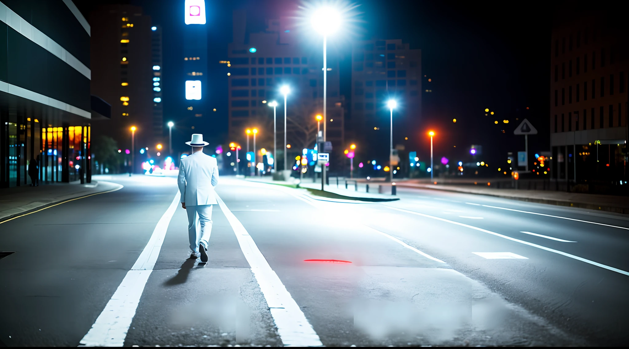 A lonely man, walking through the night, in the shadows, on an empty street in the center of a city, wearing a white suit, white Panama hat, alone, with no people around (photorealistic, dramatic, sharp focus, 8K)