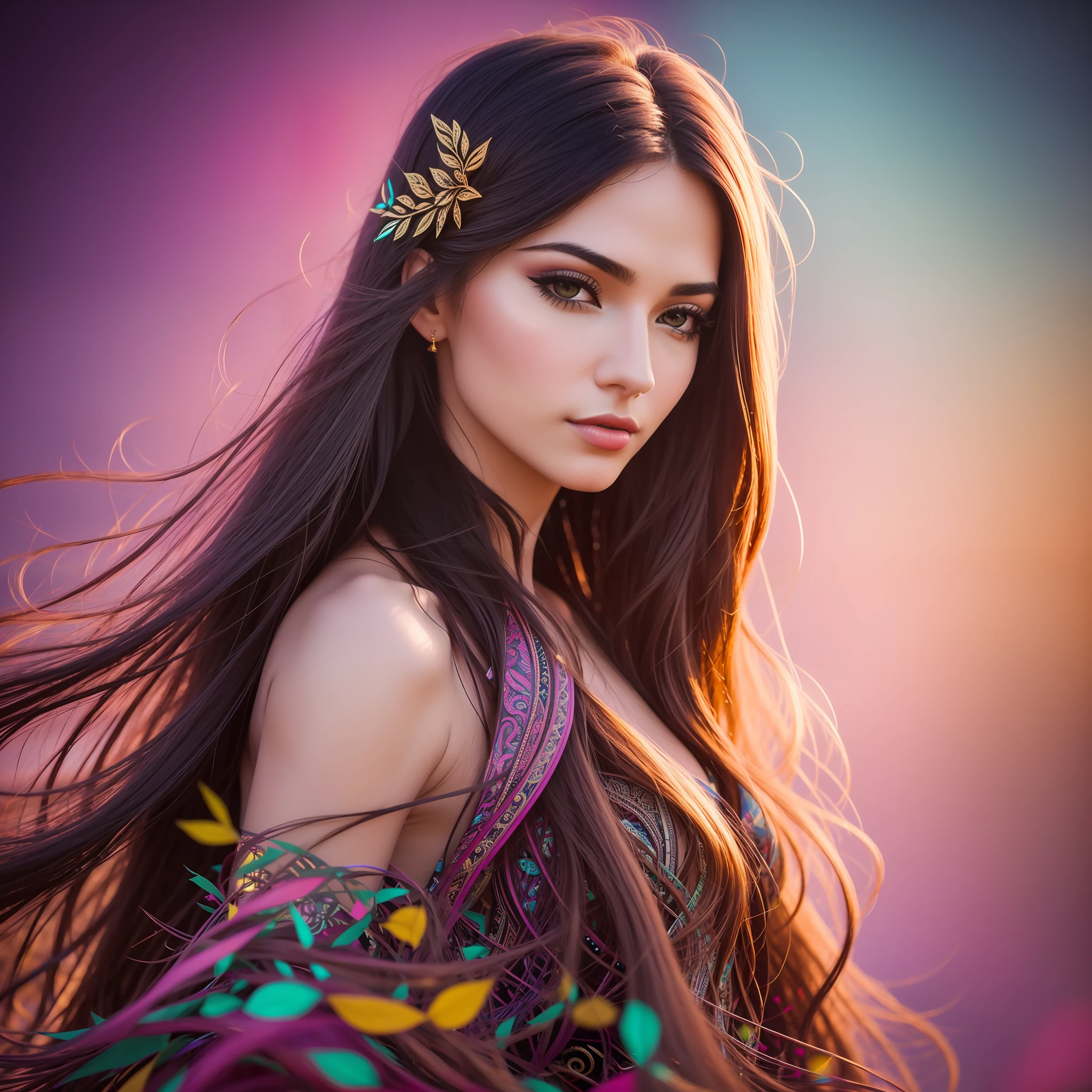 Generate a photograph of a woman with long and voluminous hair, sharp eyes, a thin and upturned nose, shapely lips, intricately maximalist-detailed, vibrant, epic, smooth, cinematic, 4K, backlit, and a shallow depth of field.