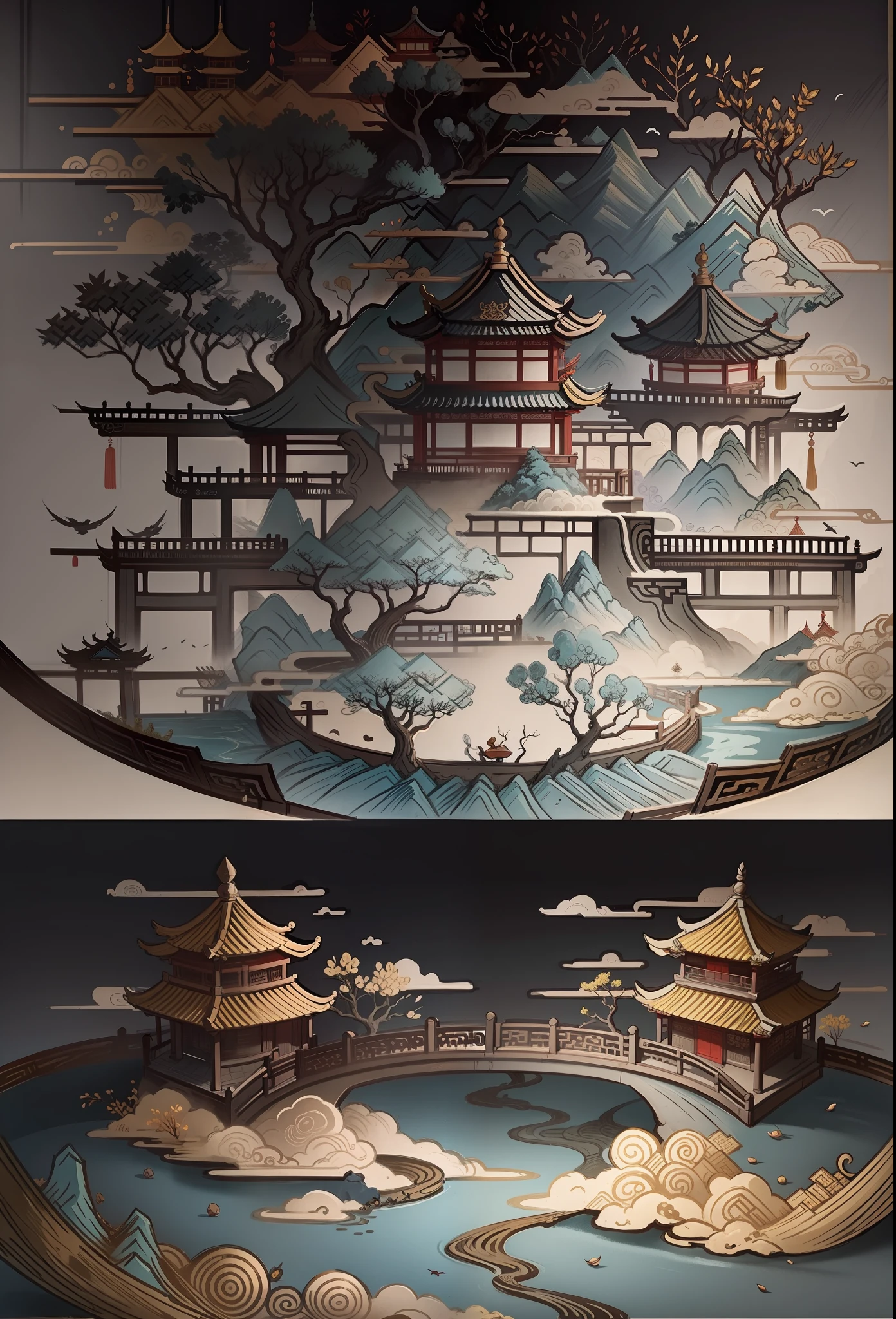 ancient chinese painting, ancient chinese background, mountains, rivers, trees, auspicious clouds, pavilions, small bridges, cyan on background, masterpiece, super detail, epic composition, ultra hd, high quality, extremely detailed, official art, unified 8k wallpaper, super detail, 32k -- v 6