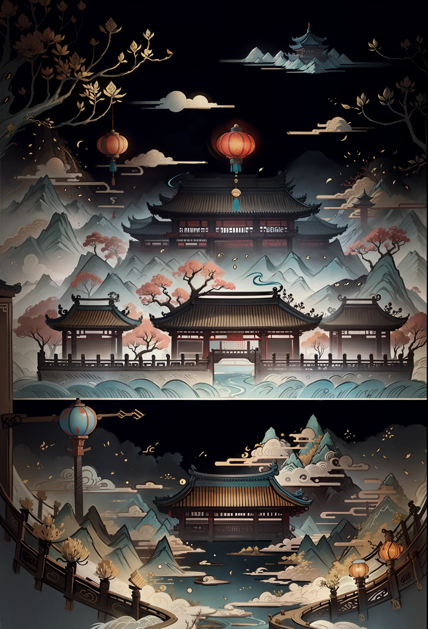 ancient chinese painting, ancient chinese background, mountains, rivers, trees, auspicious clouds, pavilions, small bridges, cyan on background, masterpiece, super detail, epic composition, ultra hd, high quality, extremely detailed, official art, unified 8k wallpaper, super detail, 32k -- v 6