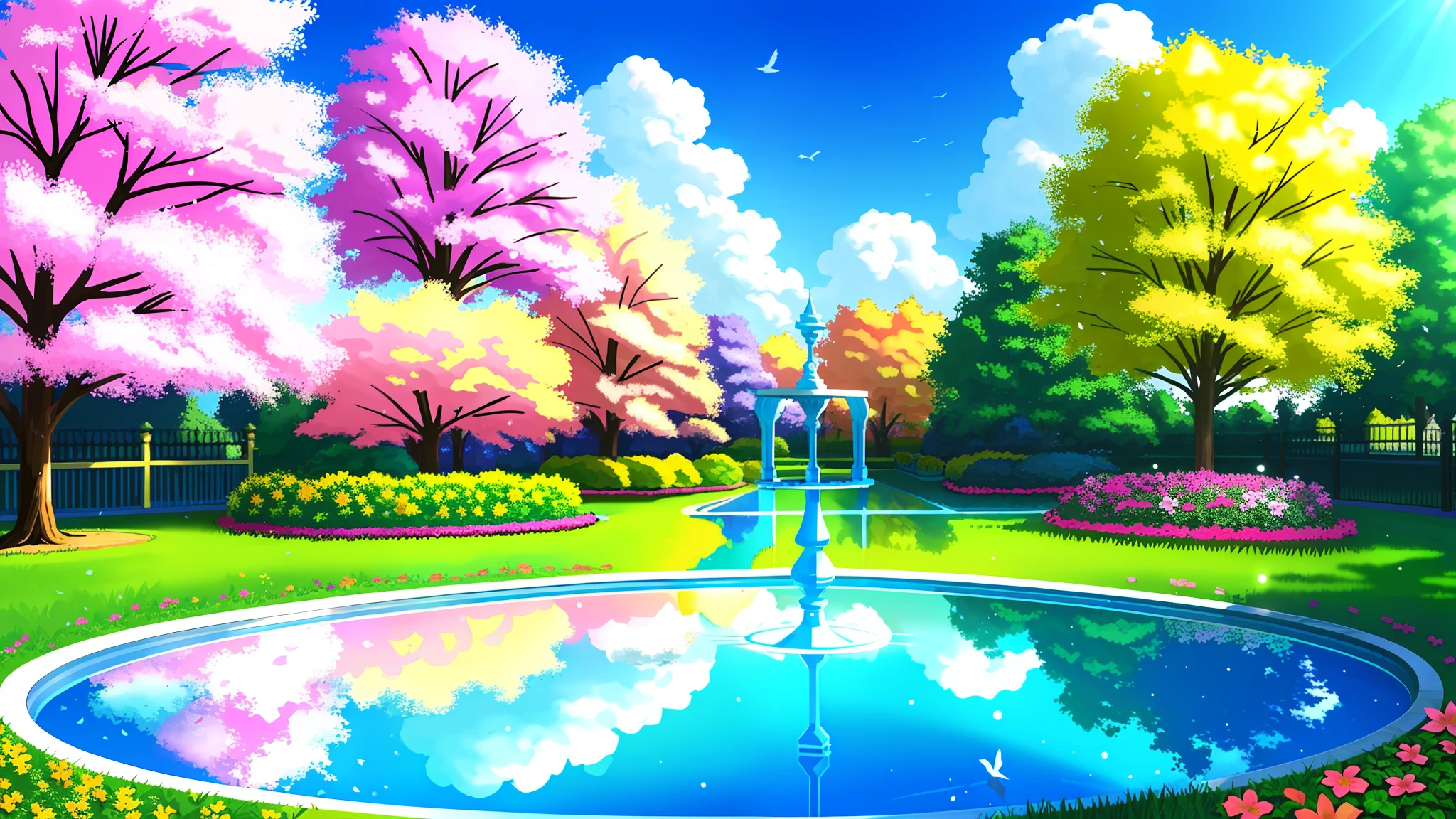 Hamonic garden park with celestial features, with beautiful flowers and colorful trees, sun and clouds, birds, running water, wonderful belaza harmony