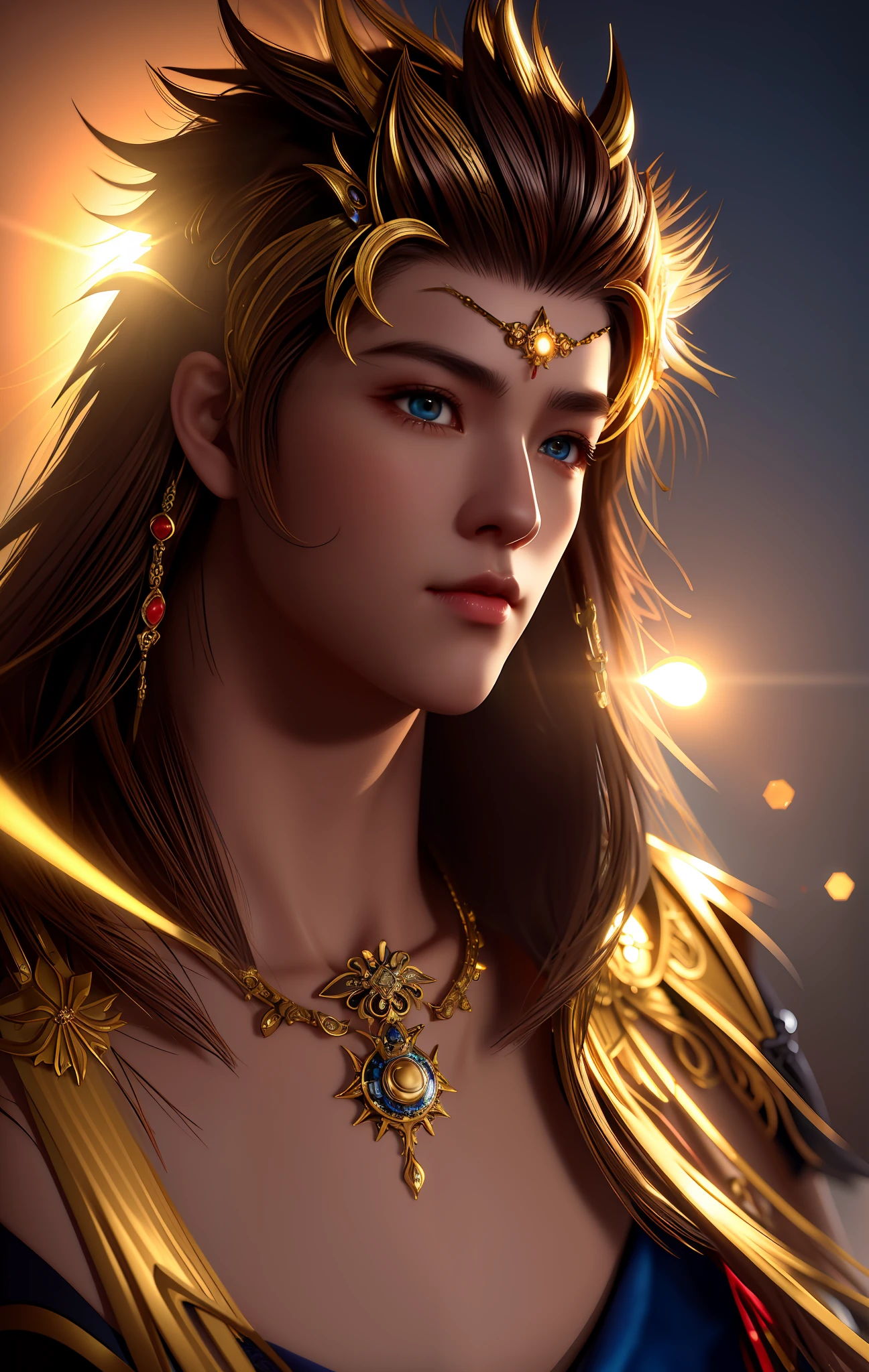 black background:1.2), golden light, starlight, (ultra high res, photorealistic, realistic, best quality, photo-realistic), (masterpiece), (best quality:1.4), full body, 1man, asian man, 45-years-old, jewelry, hair over one eye, bracelet, black hair, pattern on zodiac background with Knight of Aquarius dressed, ring, circlet, necklace, armlet, looking at viewer, lips, blue eyes, parted lips, Aquarius symbol, realistic fantasy, full portrait body, beautiful and powerful, rim light, DSLR, portrait lens, captivating, enchanting, mythical, detailed full portrait, beauty and strength, mirrorless, prime lens, mesmerizing, color film, ethereal, realistic fantasy, intricate details, smartphone, standard lens, morning, powerful, reflection background, digital, close-up head, facing camera, realistic digital painting portrait of an asian male, (curly gray hair:1.1), (dark brown hair:1.3), magical dark and red universe, magic cloth armor with red and yellow engrave in intricate details, (abstract background:1.2), (light particle:1.1), (very detailed skin:1.2), (game concept:1.3), (elden ring style:1.3), (arcane style:0.8), (depth of field:1.3), global illumination, art by hoang lap and fuji hoko and artgerm and greg rutkowski and viktoria gavrilenko, Nero Light, bioluminescence, translucidluminescence, art glass, real-time reflections, semi-realistic, photorealism, ultra-detail.