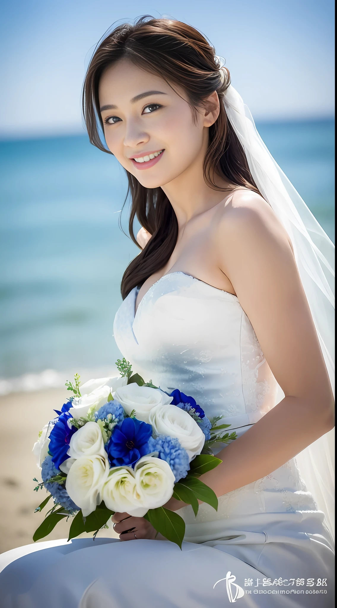 ((top quality, 8k, masterpiece: 1.3)), 1 girl, beautiful woman with emphasized plump abs: 1.3, full body, (long hair, small: 1.2), bride, bride hairstyle, veil, hair ornament, super delicate face, delicate eyes, double eyelids, smile, beach, white wedding dress, mermaid line dress, beach, blue flower bouquet in hand, sun, top quality, face focus, soft light, ( depth of field), ultra high resolution, (photoreal: 1.4), RAW photos, (from the side: 1.2), one Japan girl sitting, solo, cute, (shy, smile: 1.1), (brown eyes), detailed beautiful face, (midi hair)