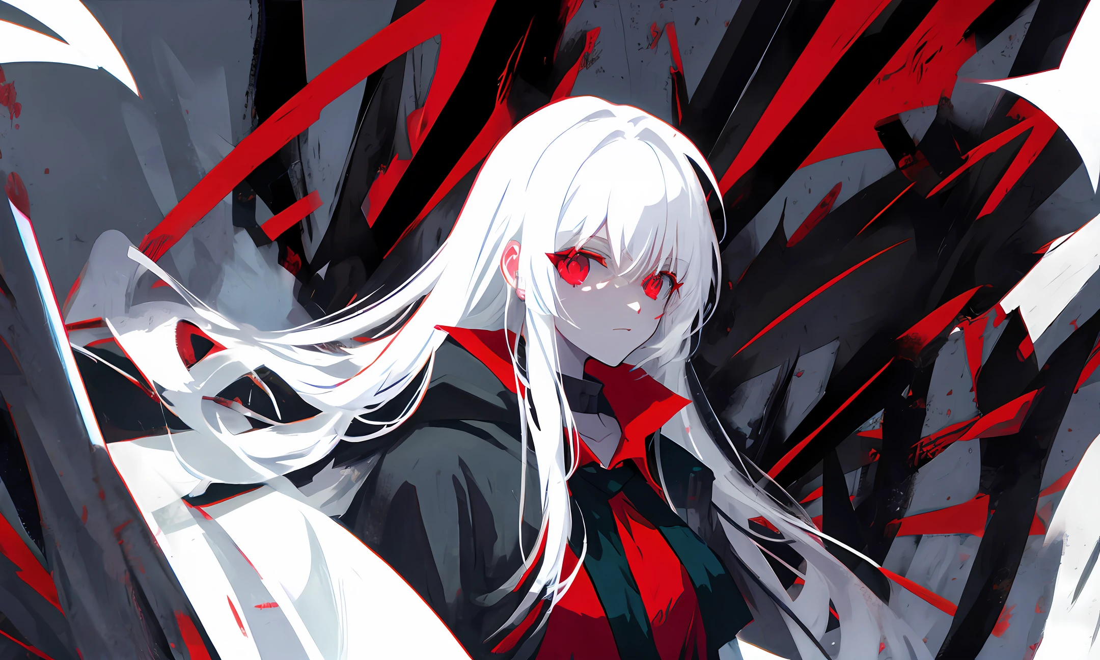 Vampire in a very dark environment, with white hair in a 90's anime