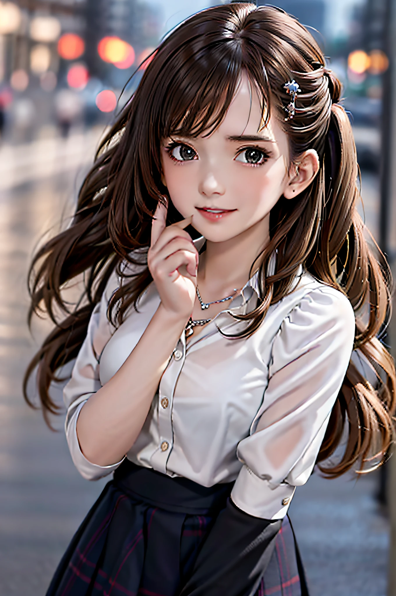 (8k, best quality, masterpiece: 1.2), 1girl, hair ornament, portrait, (school uniform, plaid skirt: 1.1), necklace, blue nails, cute, cityscape, night, rain, wet, professional lighting, photon mapping, radio, body display,(adult female:1.3), (intricate details, taut clothes, hair accessories: 1.2),