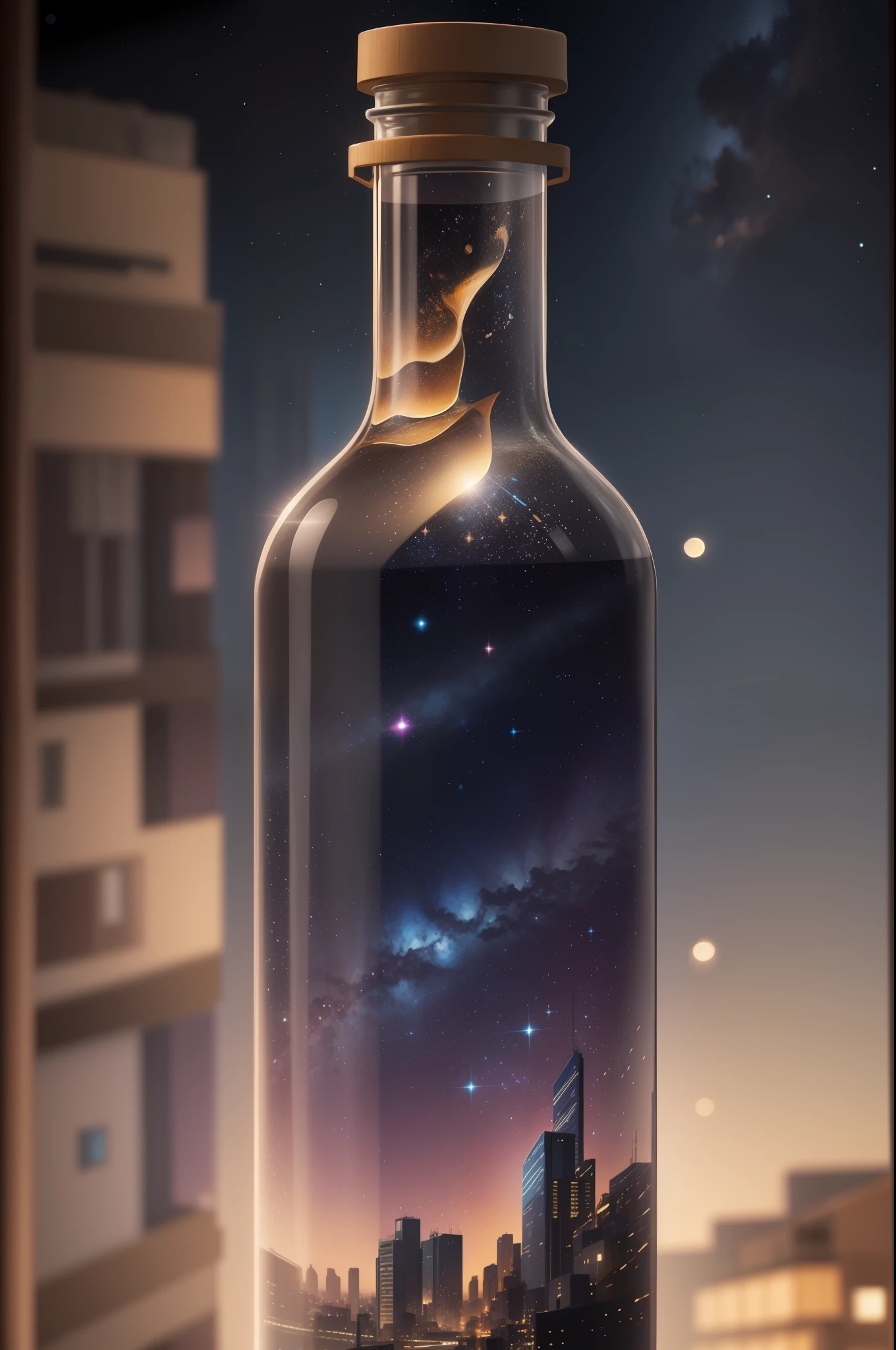 Glass bottle on balcony with a starry sky in the bottle, color field painting, futurism, romanticism, huoism, op art, impressionism, abstraction, chiaroscuro, motion blur, chromatic aberration, luminous light, blend, chromatic aberration abuse, floodlight, optical illusion, frame, viewfinder, close up, UHD, masterpiece, super detail, best quality