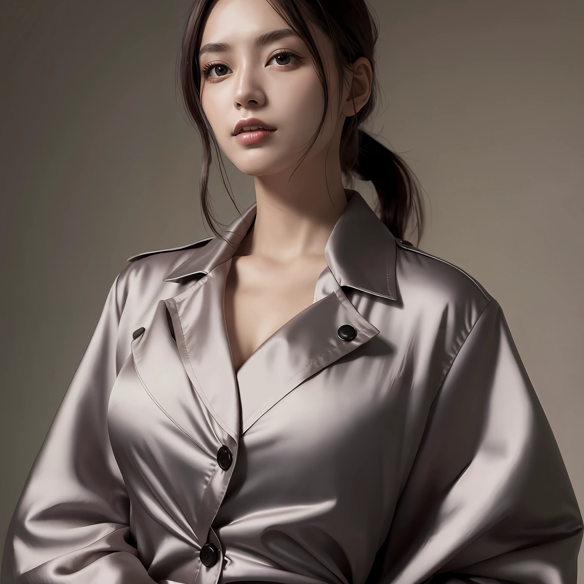Wearing a satin blouse, also wearing a satent wrench coat, the material of the blouse and trench coat is satin, strong glossy, soft and smooth and smooth to the touch, the buttons on the front of the blouse are fastened, no bra is on, the blouse is fit the body, the chest is C cup, Japan fashion model, wearing a shirt, wearing a coat, one beautiful woman