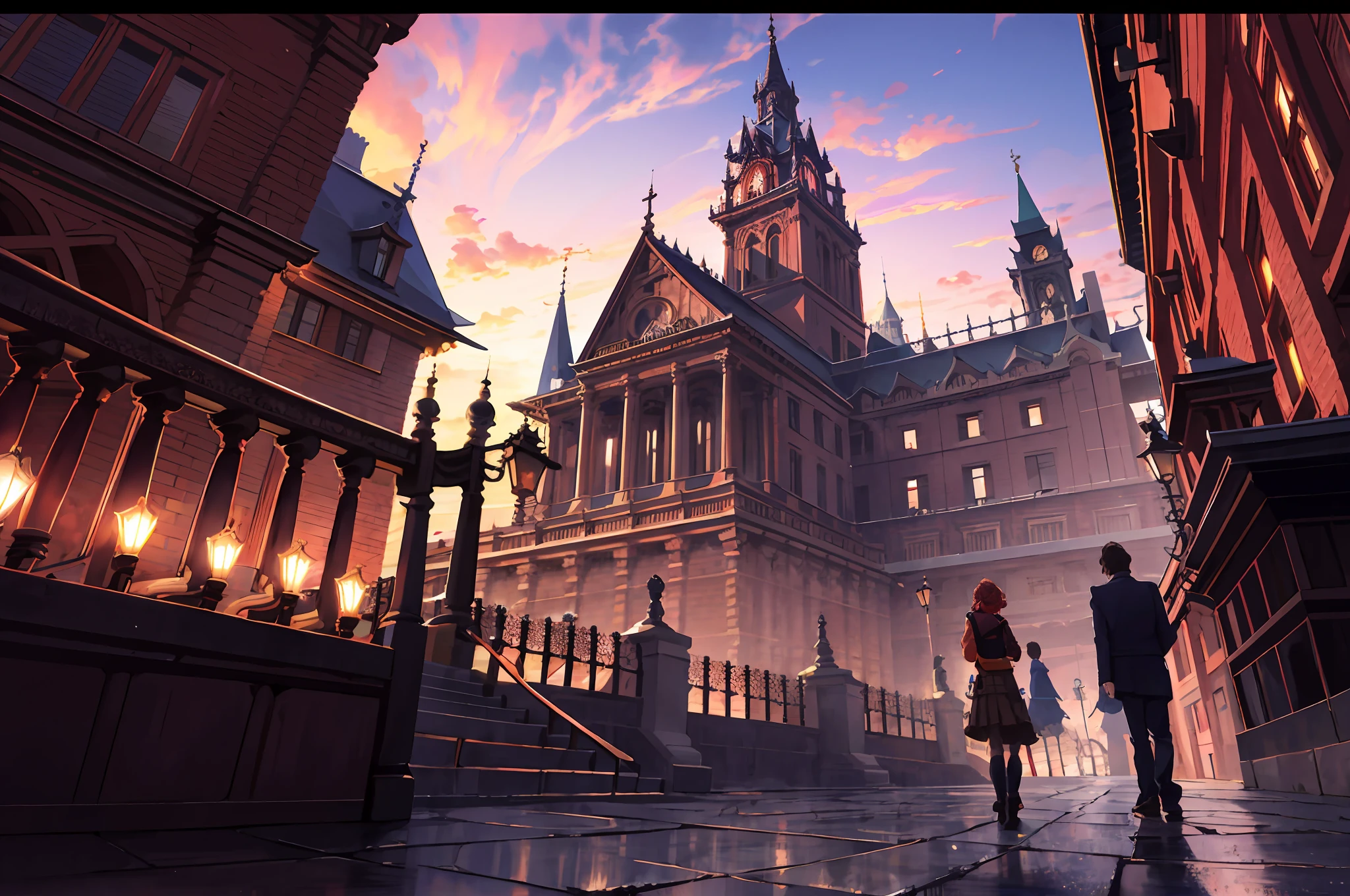 real, school, rose garden, brick Victorian cityscape, gothic, evening, vast, depth, far, angle of pull, (masterpiece), (best quality), (high resolution), ultra detail, detailed_background, steampunk, copper pipe, dirty street, dirty river, smog, amber lights