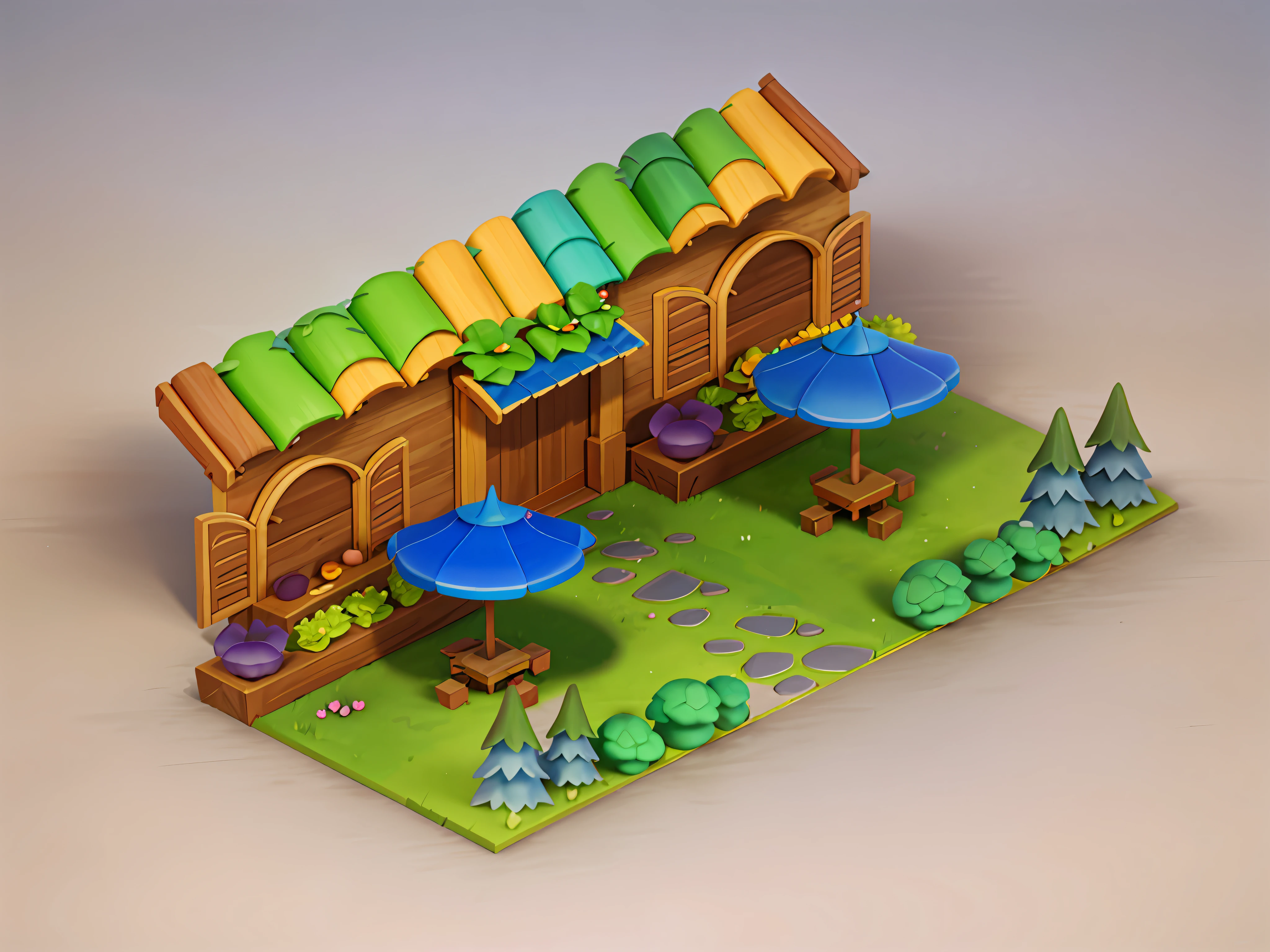 isometric 3D, cartoon style, polygon, fantasy, wooden windows, gates, parasols, ponds, fences, tables and chairs, grass, flowers, vegetables, casual play style, creative, best detail, cartoon style, 3d, blender, masterpiece, best quality, cartoon rendering, 8K --auto --s2